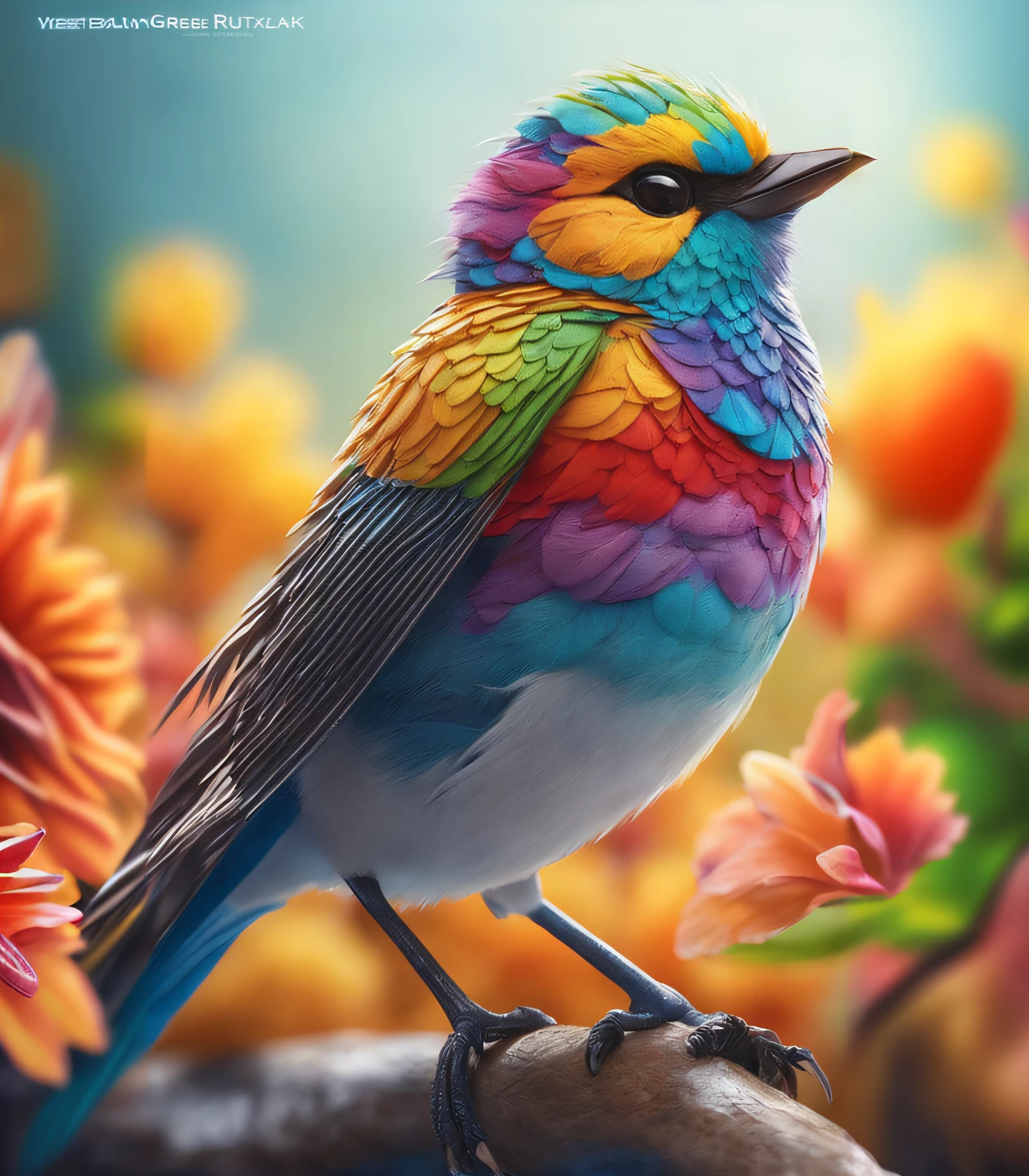 bright colored bird sitting on branch with flowers in background, pintura detalhada 4K, Gotejamento HD colorido, Arte bonita UHD 4K, detalhes e cores vivas, papel de parede bonito do iphone, colorido 8 k, colored birds, cores realistas vibrantes, colorido bonito, bonito e colorido, cores realistas detalhadas, pintura digital bonita, bela arte digital, pintura digital altamente detalhada