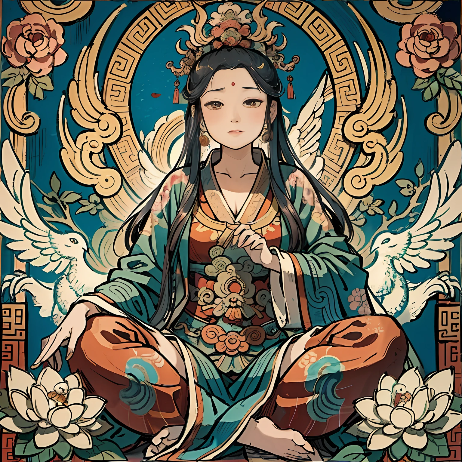 an ancient Chinese goddess, guanyin of the southern seas, Guanyin, Inspired by India, Avalokiteshvara rides a phoenix，,Serene expression,shui mo hua,Buddha,Buddhist,Lotus,Chinese painting style,Thangka style