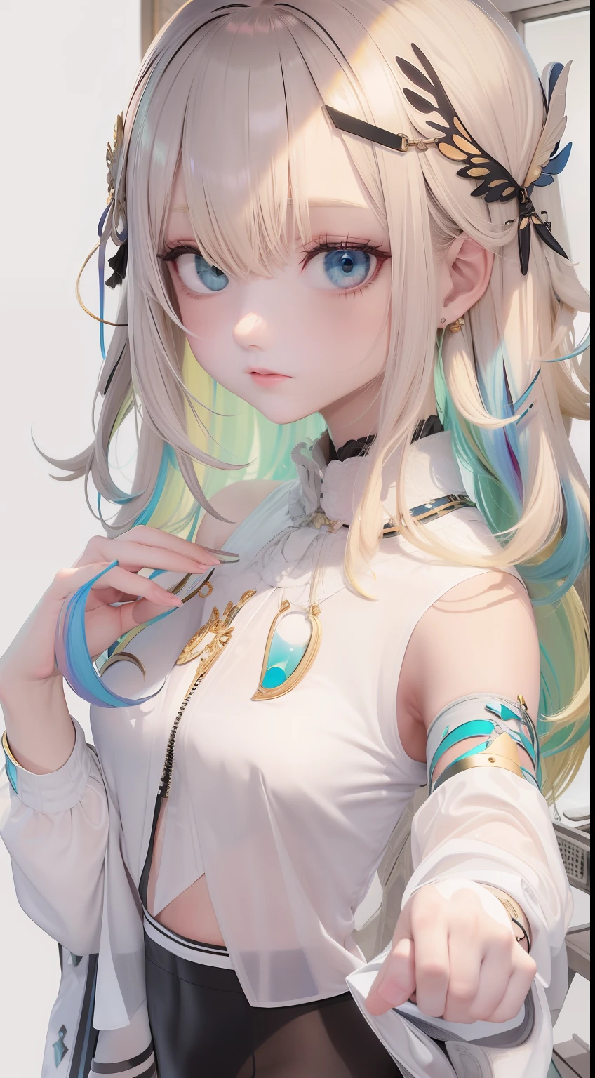multicolored hair,Heterochromia,The eyes are delicate,projected inset,angle of view,hyper HD,Masterpiece,16k,Need,tmasterpiece,Adults,Skinny colored transparent shirt,Overlooking,full bodyesbian,Hairline,Fair skin,The slender legs are wearing black and white transparent stockings,Feet on the lawn,A colorful world,Body golden ratio,The body is flawless