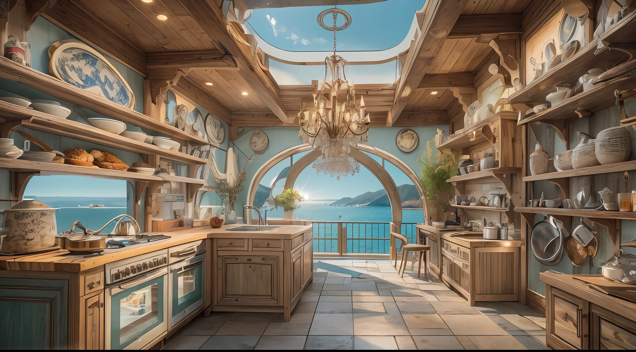 Generate images of the kitchen of a mysterious Western-style building in the deep sea。Soft bioluminescent lights illuminate marble countertops and complex cabinets。Nautical-themed cookware and pots decorate the shelves、A large glittering chandelier hangs above the central island。The kitchen exudes an atmosphere full of culinary magic and surprises。Fantasia、fantasy photograph、Eye-level gaze, One-person viewpoint, interior architecture, barroco, masutepiece, Best Quality, hight resolution, 8K