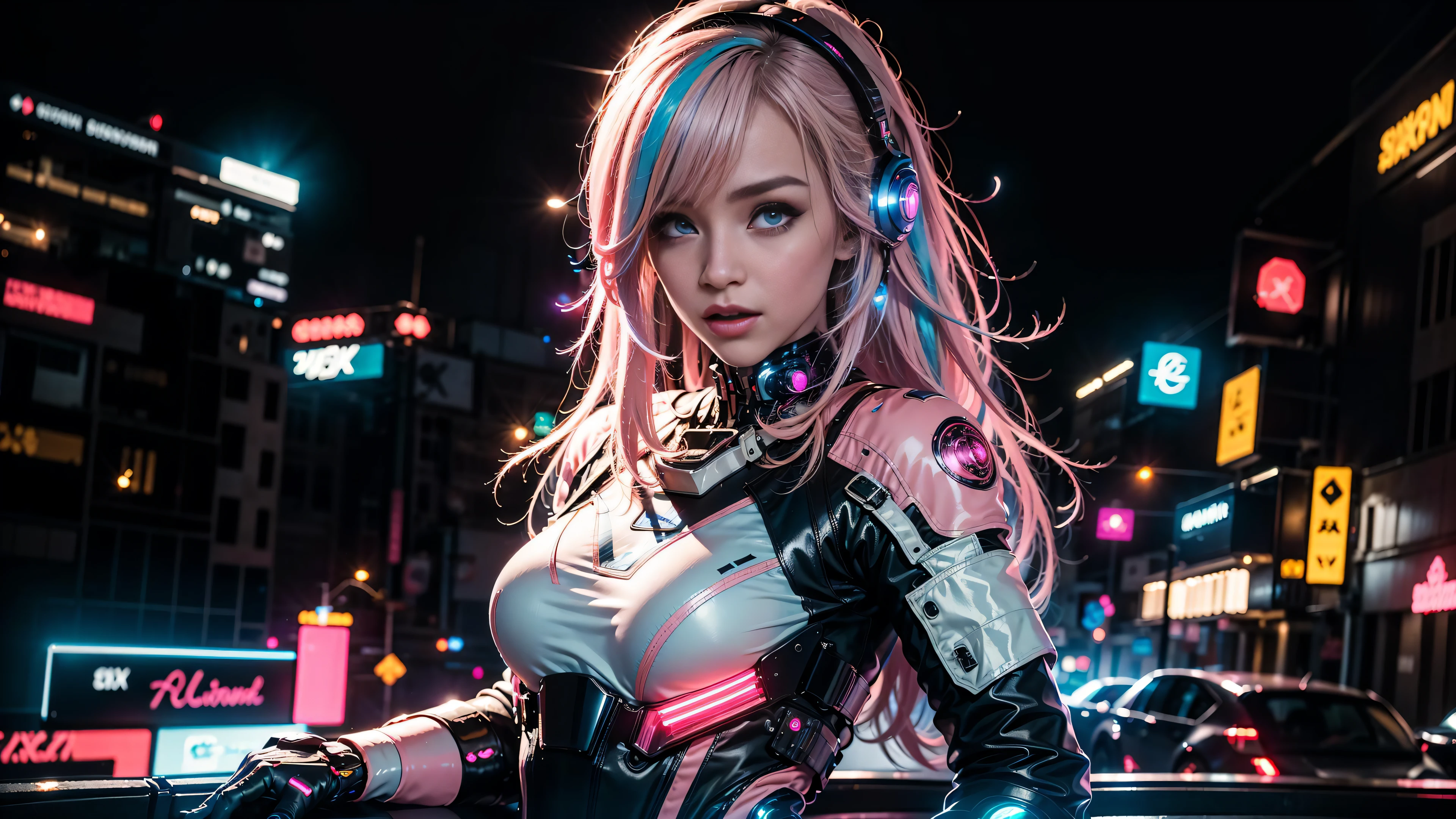 night time, space station, 8k, highly detailed, professional photo, cowboy shot,  1girl, beautiful girl, cyber, pink and white, space station, sexy, cute, very long blonde hair, city skyline, neon lights,  cyber,