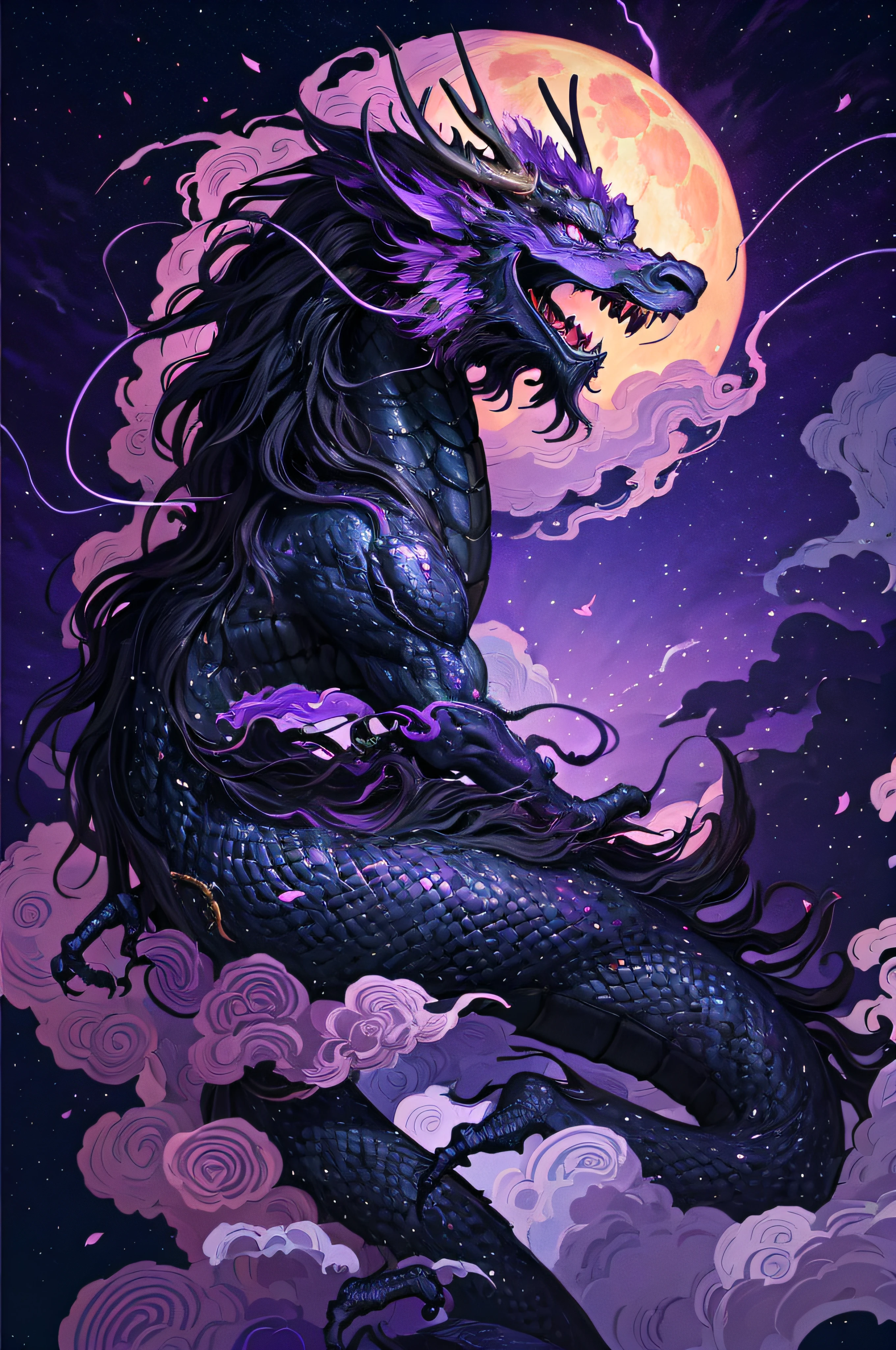 Logo, masterpiece, (on dark purple thunderbolt background: 1), black chinese dragon surrounded by thunderclouds, dark purple cherry blossom tree, black petals, wind, god, long wavy body, fangs, fantasy, mythology, high quality, highly detailed, masterpiece, epic, particle effect, dynamic effect, moon in background