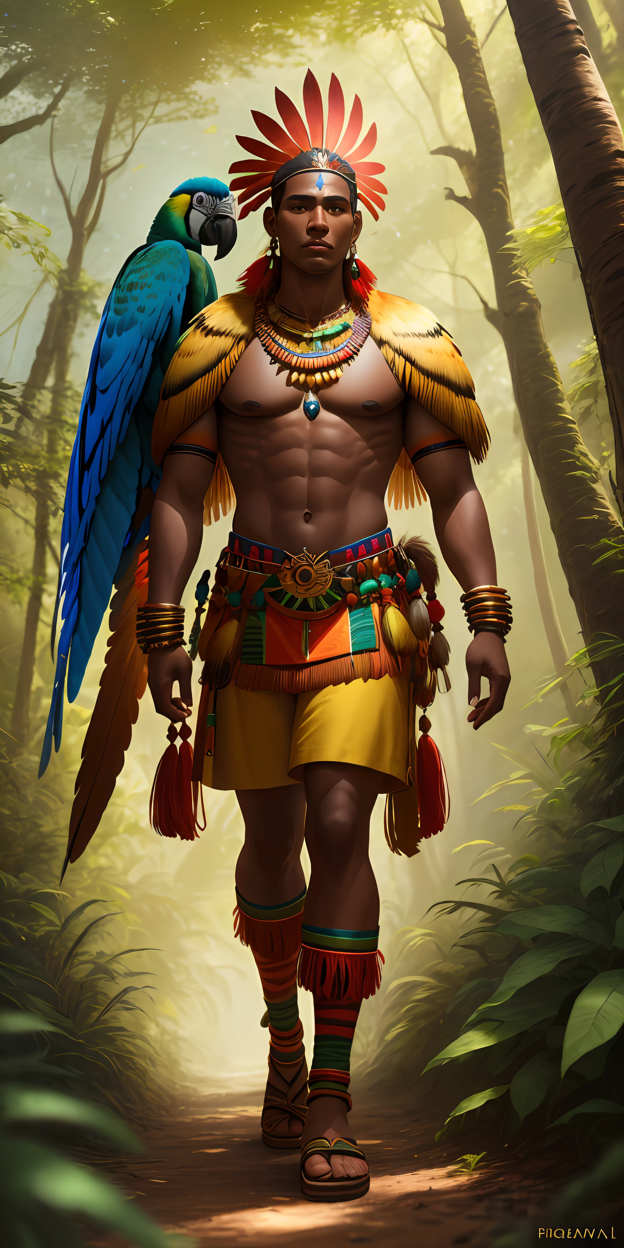 Humanoid character, brown skin, Tupi Guarani amulets, parrot macaw wings, and human body, tall body and covered with feathers, forest scenery by the dol, bright colors, 8k quality, cinematic focus, trend in artstation