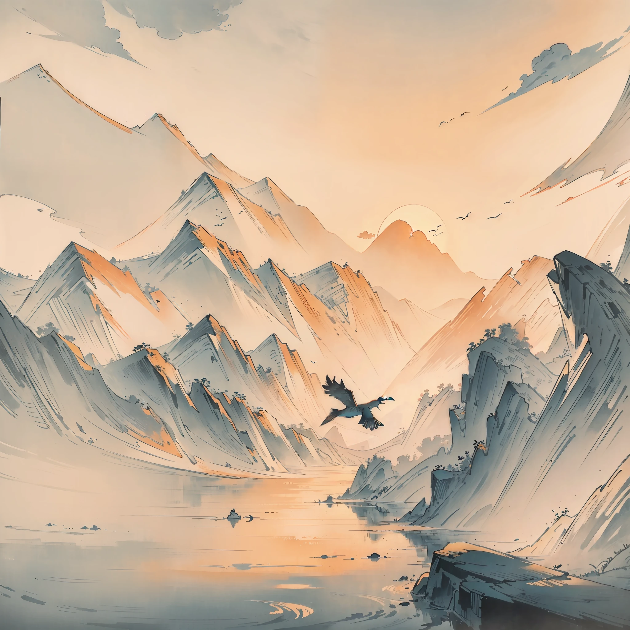 lonely wild goose flying together with the setting sun, autumn river merging with the horizon,monochrome sunset sky, solitary bird soaring through the clouds, evening glow reflecting on water surface, expansive landscape, minimalist Chinese ink painting, distant mountains in silhouettes, flowing river leads to infinite space, fading sunlight over riverside silhouette, serene wilderness scene, Chinese poem aesthetics