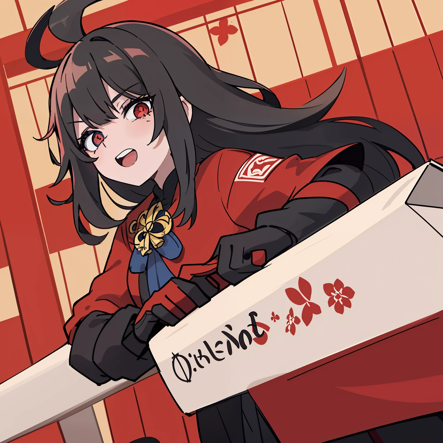 2d, obra maestra, mejor calidad, anime, ojos muy detallados, cabello negro, rostro muy detallado, fondo rosa, perfect ilumination, disparo de vaquero, pies fuera de marco, 1 girl in, solo, en pie, Hu Tao \(genshin impact\), symbol-shaped pupils , pupilas en forma de flor, flor roja, ojos rojos, conceited, cara seria