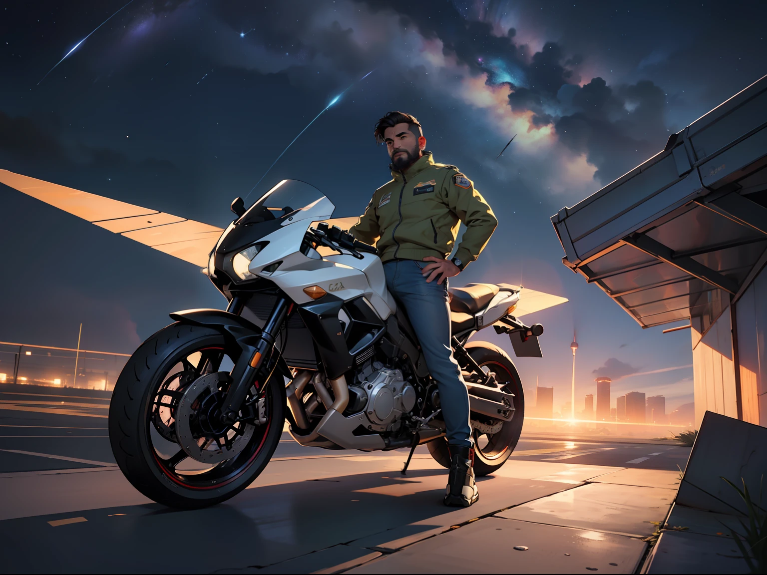 un hombre mexicano piel canela guapo ojos color miel ceja poblada barba poblada y
larga prominente con uniforme de piloto espacial contempla las estrellas junto a
su nave espacial en el fondo se puede ver un hangar de naves espaciales 8k, hiperrealista, todo parece un renderizado de motor irreal ((Vista de cuerpo completo)) Pose caliente perfecta para el, , Como estilo de renderizado de motor irreal, aesthetic, Sorprendentemente hermoso momento sincero, full body, vintage aesthetic, cuerpo completo,35mm film feel, 16k, lumen –ar 9:16 –v 5.1 –q 2 –c 6 –style raw