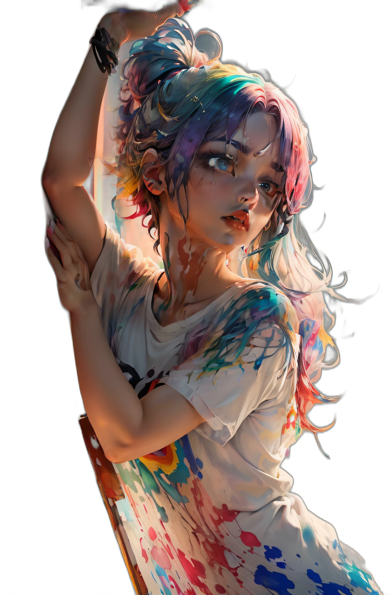 (T-shirt Pink Fashion: 1.9),(((((pintura vertical:1.6))), (pintura:1.6),frente, banda desenhada, Illustrations, pinturas, olhos grandes, olhos cristalinos,( Color gradient rainbow high ponytail:1.0), maquiagem requintada, boca fechada,(Small Fresh: 1.5),(Limpar peito: 1.6), long eyeslashes, T-shirt branca fora do ombro, camisa de ombro branco, looking up at the audience, grandes olhos lacrimejantes, (rainbow colored hair:1.6), respingo de cor, (solo: 1.8), respingo de cor, burst of colour, estilo de pintura grossa, messy lines, ((brilhante)), (colorido), (colorido), (colorido), colorido, estilo de pintura grossa, (splash) (respingo de cor), pintura vertical, parte superior do corpo, respingo de tinta, Acrylic Pigment, gradiente, tinta, mais alta qualidade de imagem, mais alta qualidade, obra-prima, solo, profundidade de campo, pintura facial, roupas coloridas, (elegante: 1.2), lindo, cabelo longo, vento, (elegante: 1.3), (Petals: 1.4),((obra-prima))),((melhor qualidade))),((ultra-detalhado)),(illustration),(dinamic angle),((flutuante)),(pintura),((cabelo desgrenhado)),(solo),(1girl) , (((rosto anima detalhado))),((rosto detalhado anima)),(belo rosto detalhado)),colar,ombros nus,cabelos brancos, ((cabelo colorido)),((cabelo listrado)),(olhos detalhados bonitos,(gradient color eyes),((olhos coloridos))),(((fundo colorido))),(high saturated))),((cercado por respingos coloridos))),