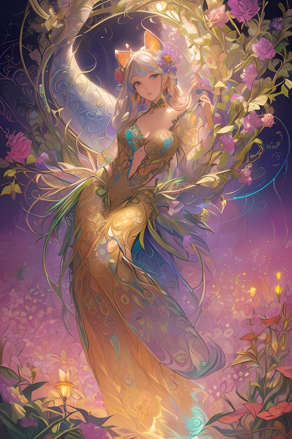 (masterpiece,beautiful and aesthetic:1.2), (1girl:1.3), extremely detailed,(fractal art:1.1),(colorful:1.1)(flowers:1.3),highest detailed,(zentangle:1.2), (dynamic pose), (abstract background:1.3), (shiny skin), (many colors:1.4),(earrings), (tail of light :1.5),ivy frame,