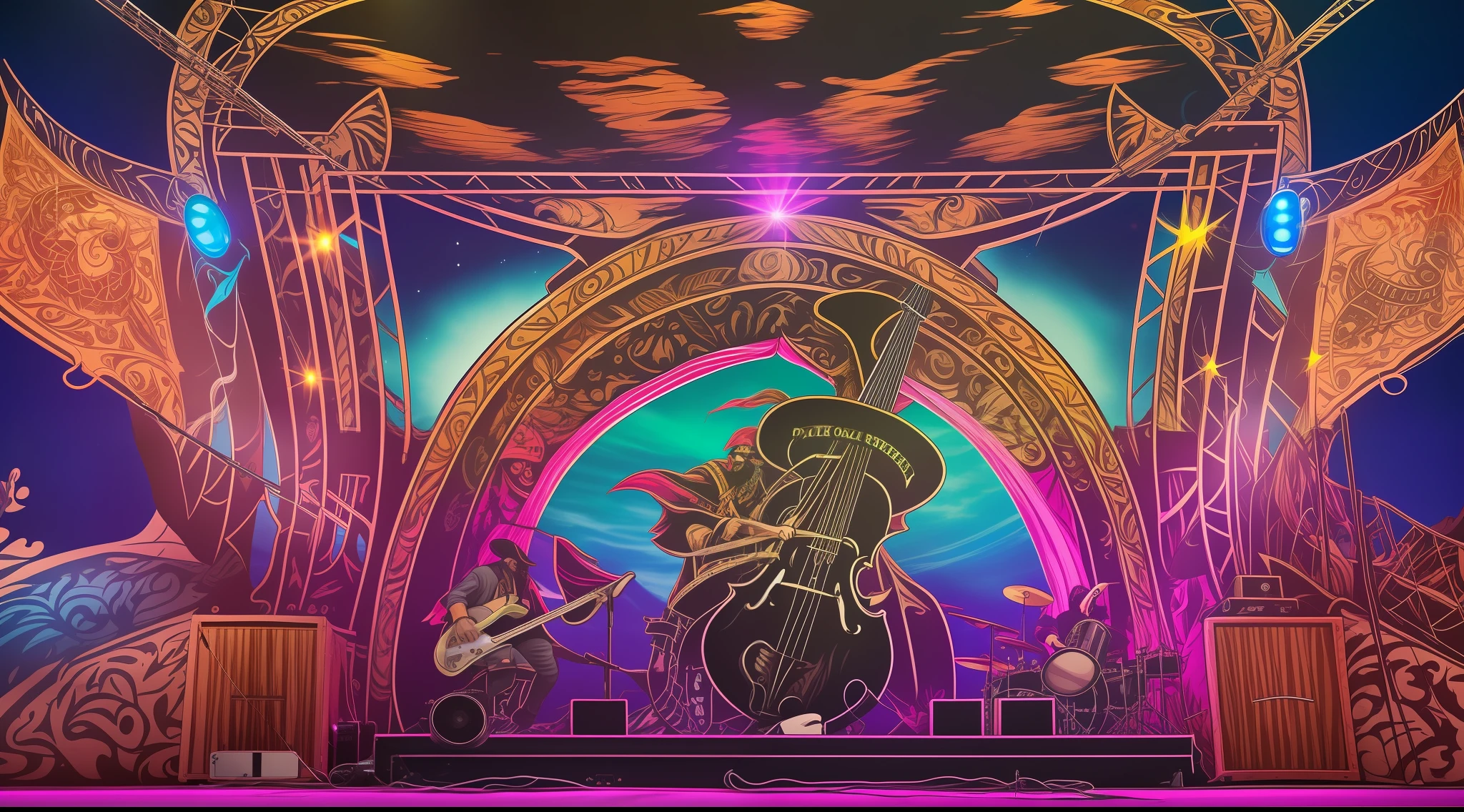 A stage in the shape and appearance of a pirate ship, behind the backdrop of the pirate ship a huge LED screen illustrates the sea and sky. O palco tem altura de 6m, um comprimento de 20m e uma largura de 10m, reflectors and colored lighting. no palco, a pirate playing an electric guitar, another pirate playing electric double bass, um terceiro pirata tocando a bateria no fundo do palco, e um quarto pirata tocando guitarra e cantando na frente do palco