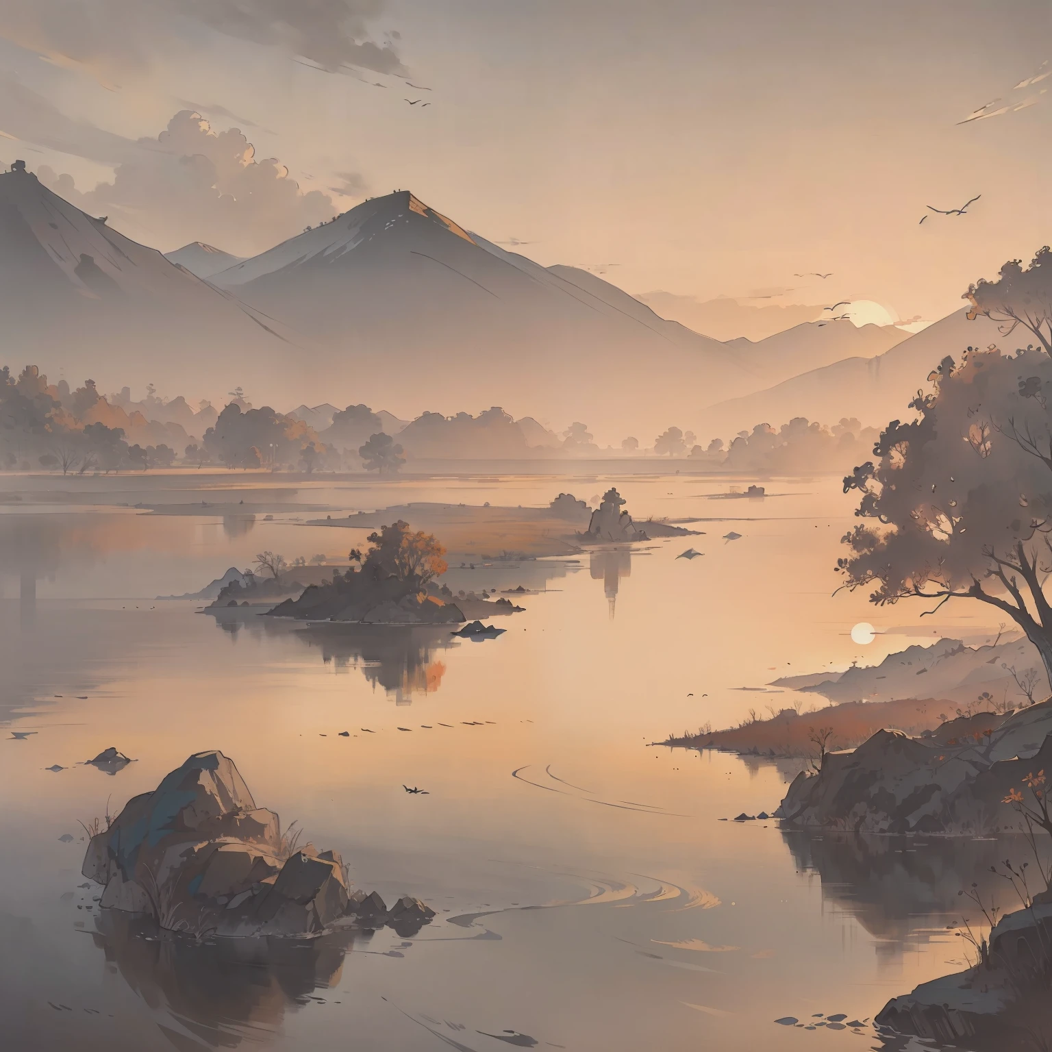lonely wild goose flying together with the setting sun, autumn river merging with the horizon,monochrome sunset sky, solitary bird soaring through the clouds, evening glow reflecting on water surface, expansive landscape, minimalist Chinese ink painting, distant mountains in silhouettes, flowing river leads to infinite space, fading sunlight over riverside silhouette, serene wilderness scene, Chinese poem aesthetics