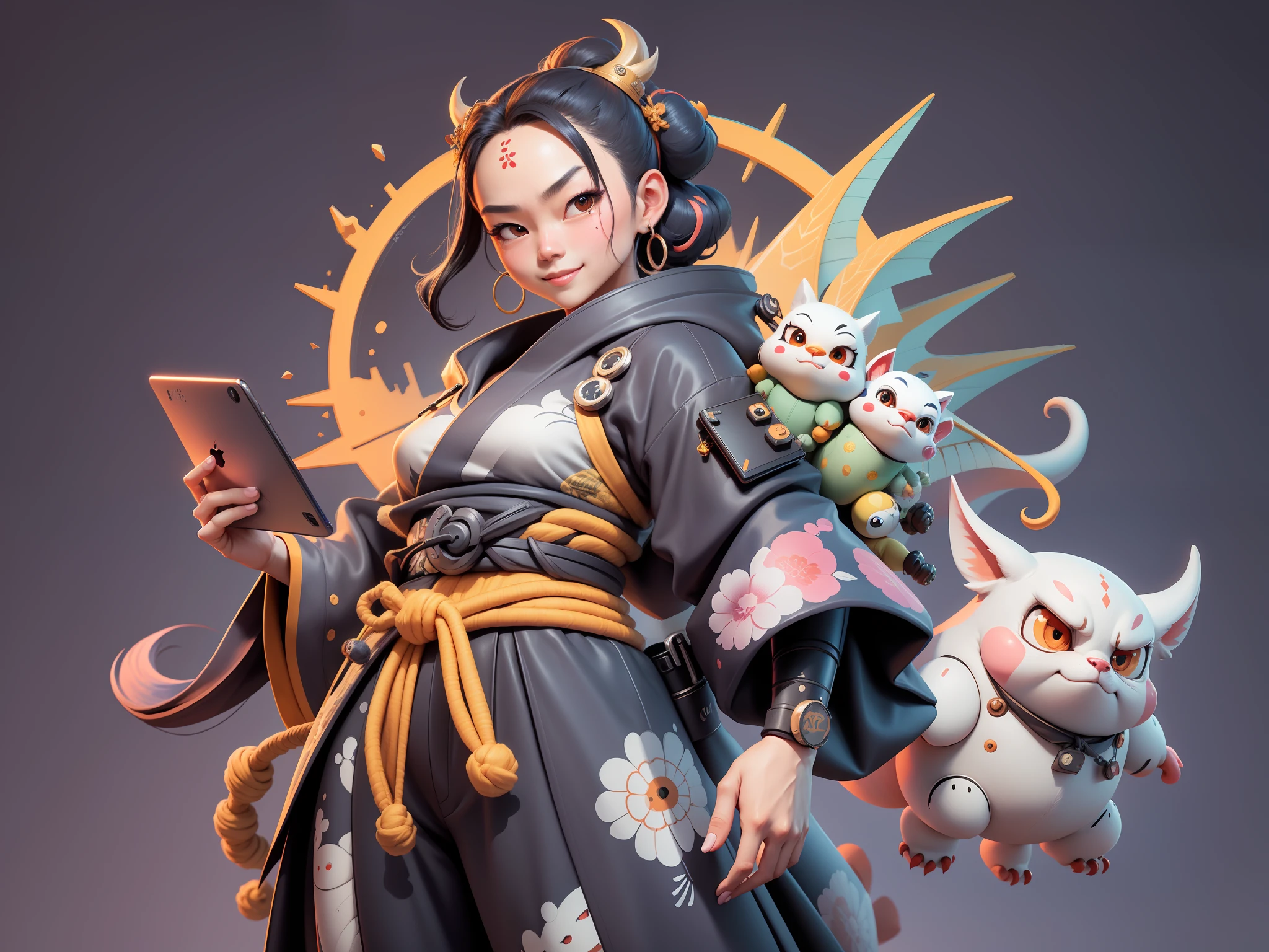 (Daisaku),(Need),(Super meticulous),(full bodyesbian:1.2),Japanese ukiyo-e girl，japanese geisha，Beautiful，Oriental dragon，Aeolian Thor，Raised sexy，爆乳，Oriental face，TV Anchor，Bust portrait illustration，Alone，In black suit，a blue tie，The face is slightly chubby，The face was clean，without a beard，Black super short hair，Black eyes，Smile confidently，3C computer sub-products，iPad， iphone，Digital painting，3D character design by Mark Clairen and Pixar and Hayao Miyazaki and Akira Toriyama，The illustration is a high-definition illustration in 4K resolution，With very detailed facial features and cartoon-style visuals。
