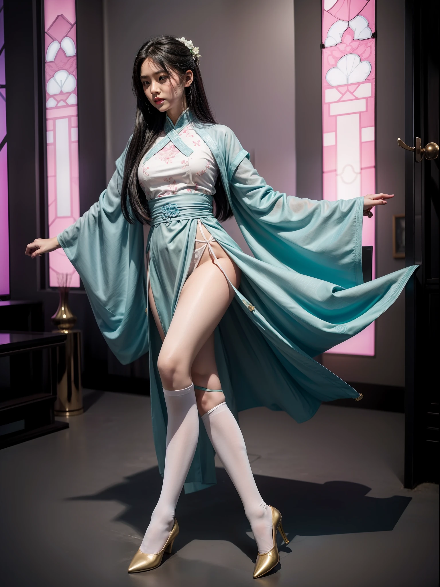 Splitting characters is prohibited,(Full body shot:1.3), Must show your face, anatomy correct, Dance in the valley,The breath of nature,Polished pointed-toe heels must be worn,Patterned over-the-knee socks are mandatory, Keep your feet off the ground,(In pink|amarelo|blue colors|green color|red colour|white colors|black in color|purpleish color|greys|Beige|Flesh-colored),Chinese pattern Hanfu, A shallow laugh, Complex and diverse backgrounds,Strangling effect,hyper HD, Ray traching, structurally correct, Award-Awarded, high detal, lightand shade contrast, Face lighting,cinmatic lighting, tmasterpiece, super detailing, high high quality, high detal, best qualityer, 16k
