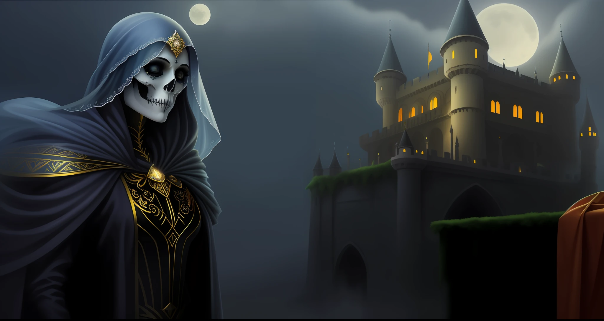 imagem arafed de um esqueleto em um manto e um castelo exuberante, arte de fundo, Assustadora Rainha da Morte, Deusa da morte em uma floresta sombria, Lots of fog invading the magnificent castle, lua cheia de fundo, Rainha da Morte, an ominous fantasy illustration, Fantasia sombria misturada com realismo, Deusa da morte, Retrato de um necromante feminino, Arte digital escura, mas detalhada, arte digital de fantasia sombria, Saint Skeleton Rainha