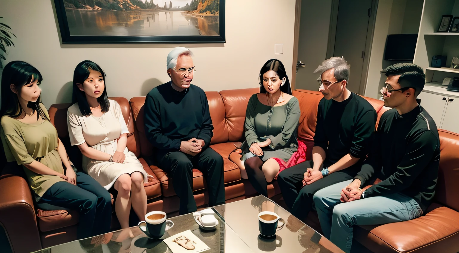 Relatives and parents+sitting in the couch+to talk+group of people+