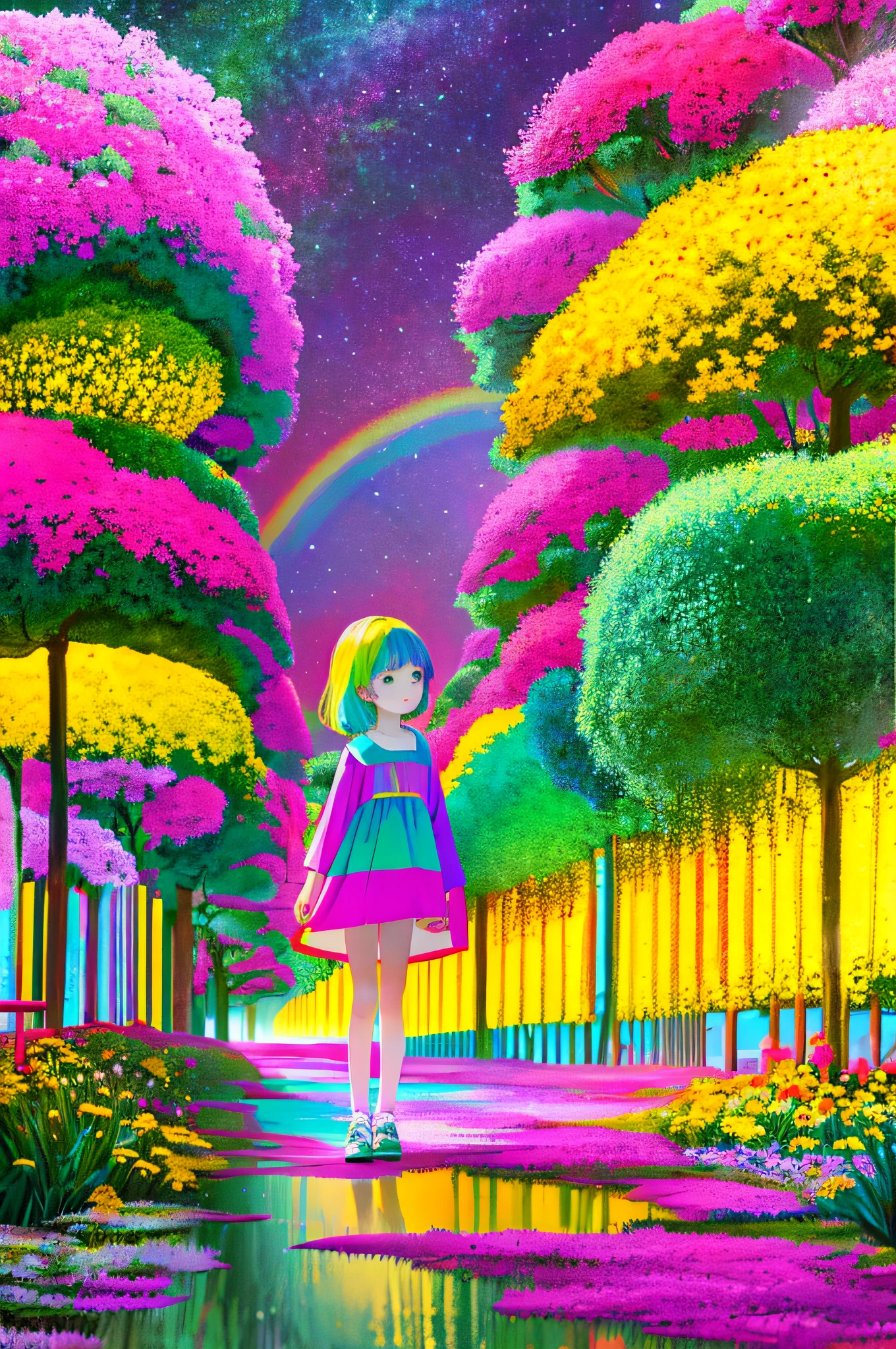 a color, limited palette, Colorful, scenery, 1girll, Rainbow, Green City,, Detailed background, Masterpiece, Best quality,，4 k hd wallpaper