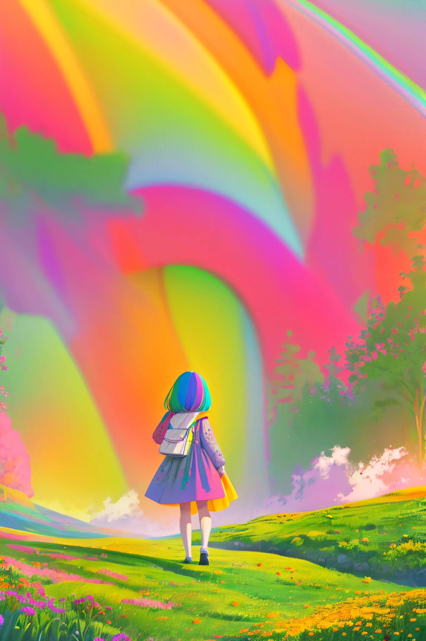 a color, limited palette, Colorful, scenery, 1girll, Rainbow, Green City,, Detailed background, Masterpiece, Best quality,，4 k hd wallpaper