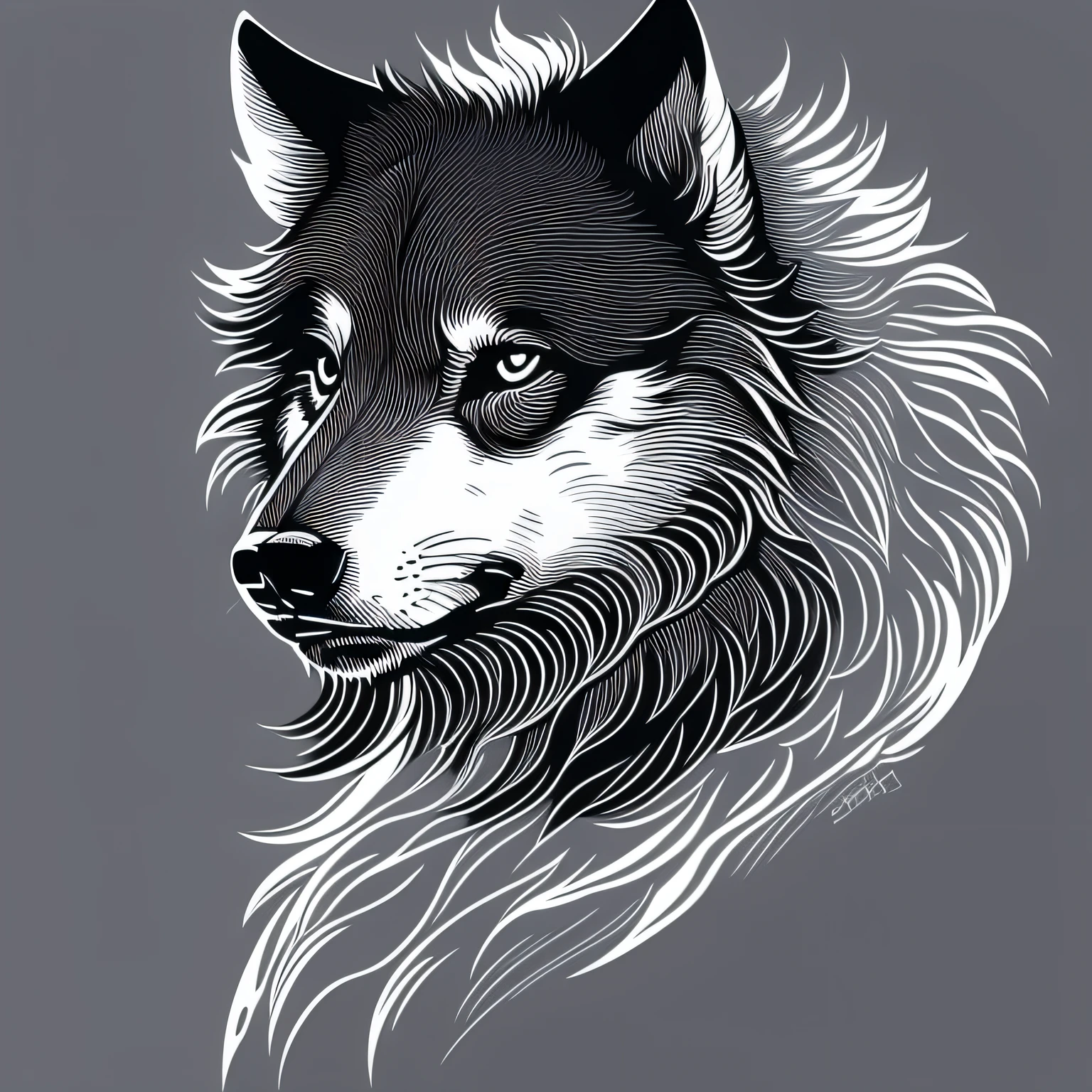 T-shirt logo, illustration of a wolf, using only black lines. Delimit the shapes and characteristics of the animal with carefully drawn lines, creating an elegant and stylized look. subtle details, finer and more precise lines. transparent background