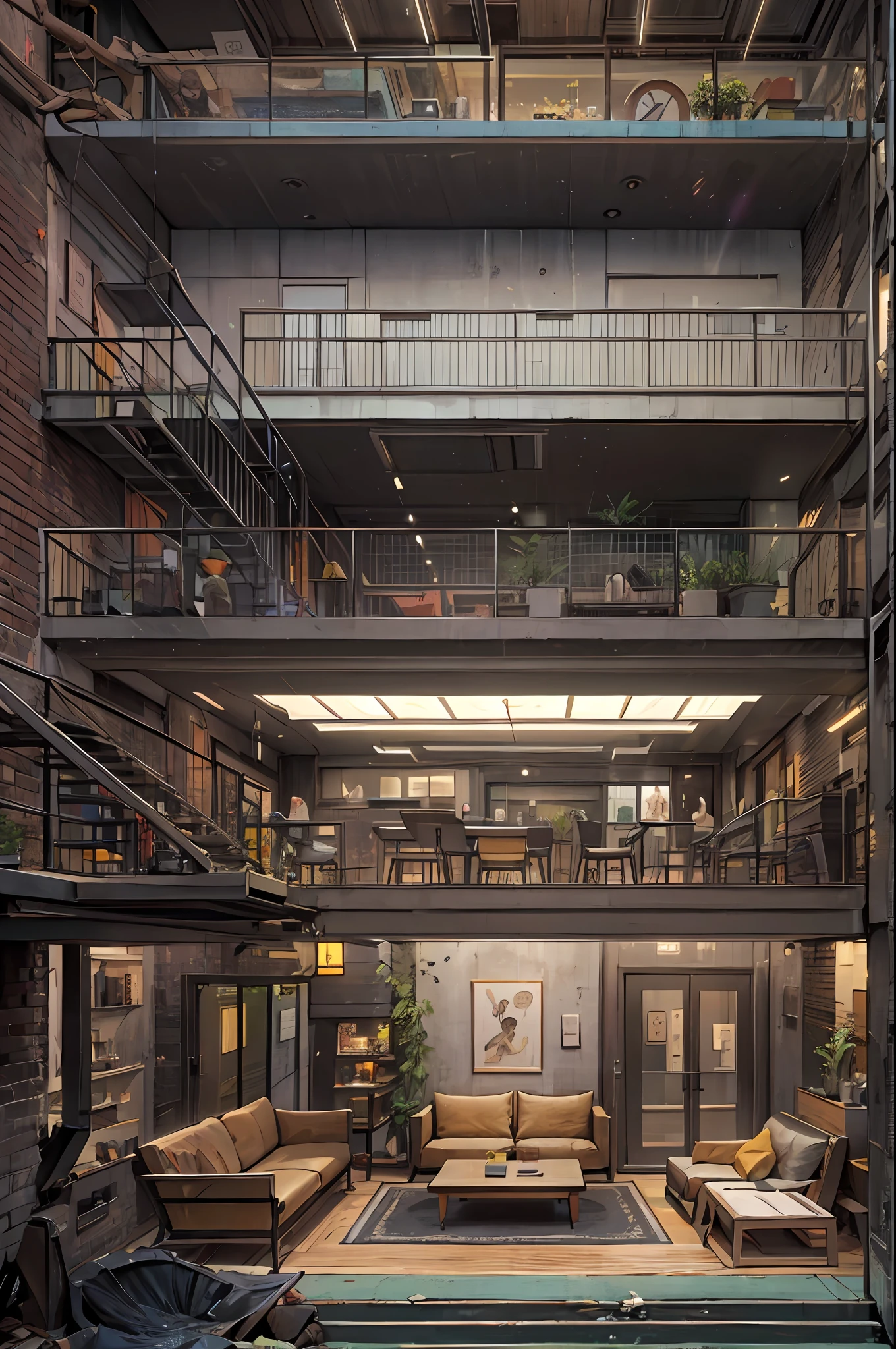 profile view(Interior of a four-story building)、Multiple rooms are neatly arranged,Future science fiction、Waste soil style,(Conceptual digital art,The is very detailed,reasonable design,k hd,Best picture quality,tmasterpiece,超高分辨率,4K)