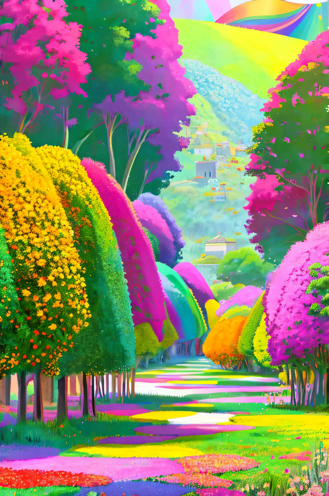 a color, limited palette, Colorful, scenery, 1girll, Rainbow, Green City,, Detailed background, Masterpiece, Best quality,,4 k hd wallpaper