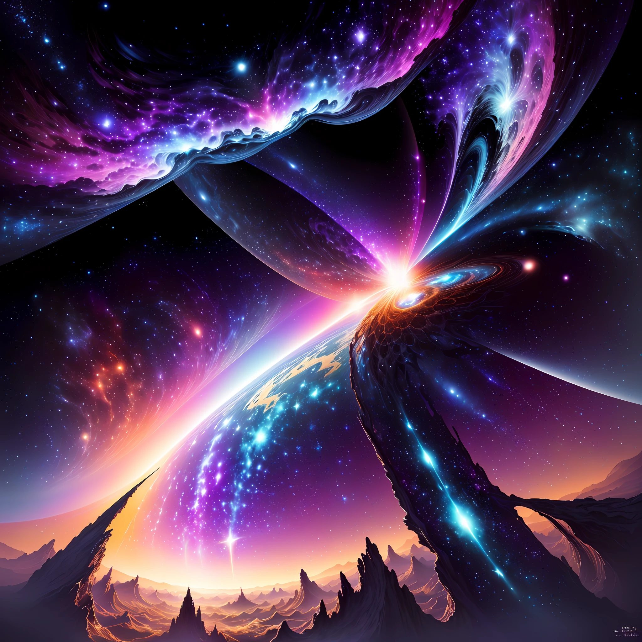 "((Dimensional Universe)+A fantastic sight),Ultra high quality,Extremely delicate,Cosmic wallpaper full of depth,The universe is magnificent,brilliant colorful,The stars shine,(Gorgeous planet+Depth+Magical creatures),Realistic galaxies,gorgeous color,Intoxicating light and shadow effects,superbly fine details,Lost in the universe,A fantasy flight scene,Fantastic journey through the universe。"