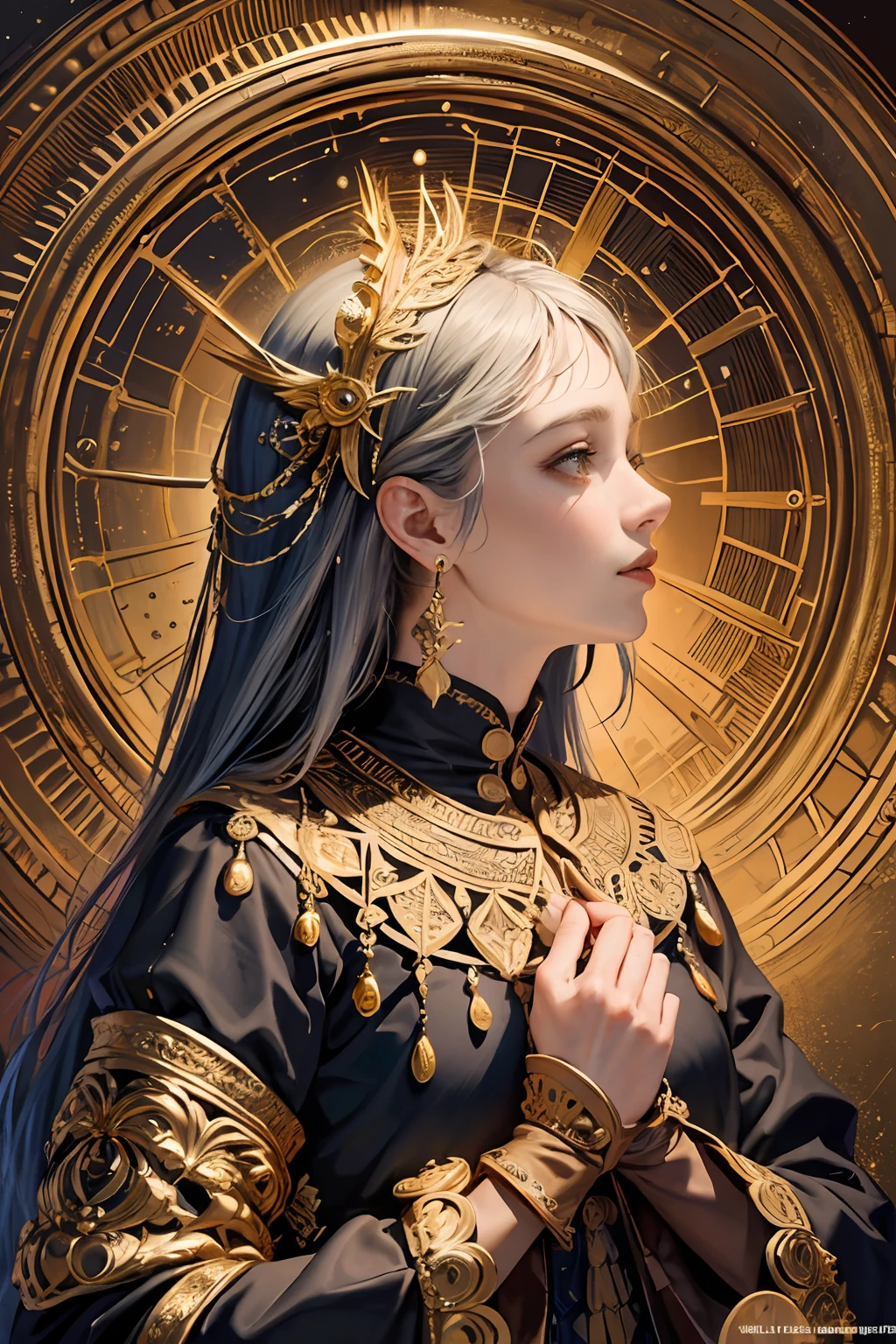 (masterpiece, top quality, best quality, official art, beautiful and aesthetic:1.2), (1girl), extreme detailed,colorful,highest detailed, official art, unity 8k wallpaper, ultra detailed, beautiful and aesthetic, beautiful, masterpiece, best quality, (zentangle, mandala, tangle, entangle) ,holy light,gold foil,gold leaf art,glitter drawing, PerfectNwsjMajic