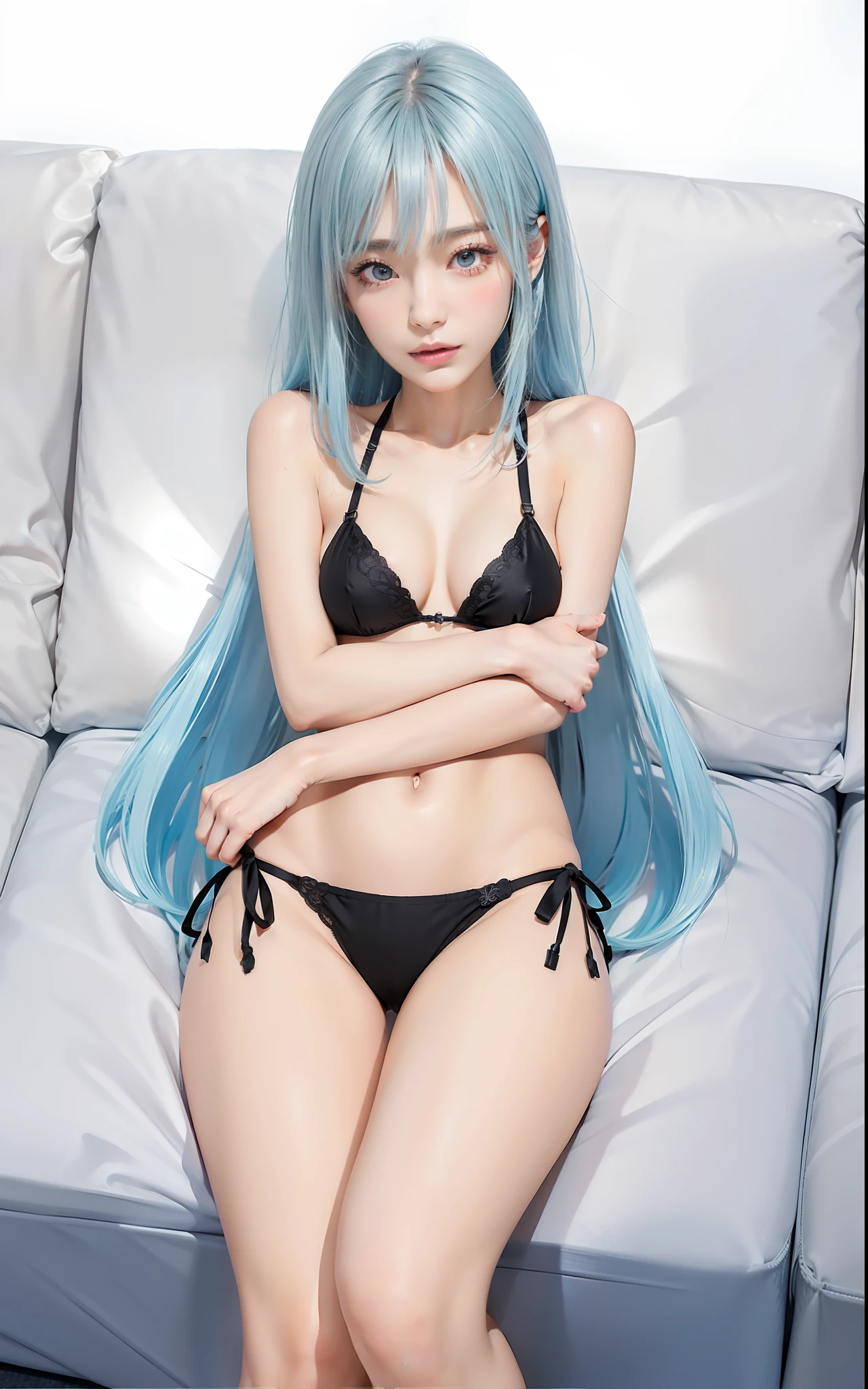 Masterpiece, 1 beautiful girl, detailed eyes, swollen eyes, top quality, super high res, (Reality: 1.4), cinematic lighting, Japanese, Asian beauty, Korean, very beautiful, beautiful skin, slender, body facing forward, (super realistic), (high res), (8K), (very detailed), ( Best Illustration), (beautifully detailed eyes), (super detailed), (wallpaper), detailed face, bright lighting, professional lighting, looking at viewer, facing straight ahead, neat clothes, short hair, blue hair, pureerosfaceace_v1, 46 point slanted bangs, hotel room with morning sun in the background, window The background is a hotel room with the morning sun shining through the window, a clear ocean outside, and an angle from the waist up, black bra, black pantties