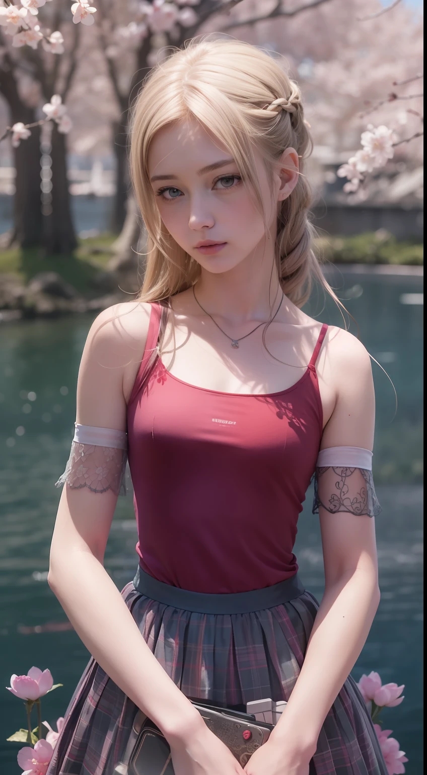Beautiful young Margaret Quilley, 《last of us》, gaming console, Glasses, Sheer lace top, No bra, Hard , Blue pleated skirt, No panties, Dark tights, Hyperrealistic, 14 years old, Model body, Small breasts, Beautiful breasts, Long hair, Braided hair, Blonde hair, Long legs, 8K, In front of the lake, cherry blossom, Sunlight, LED lighting, Blood on the wall, pool of blood, Full of human remains, Detailed reflection, Anime style