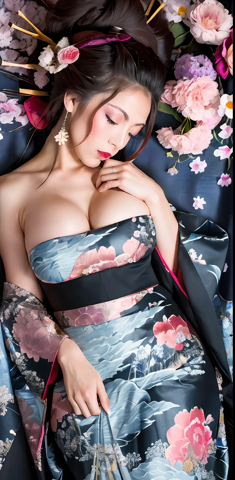 (Masterpiece, Best Quality:1.3), (thick lineart), (faux traditional media), highres, official art, best illustration, (8k resolution), oiran, 1girl, mature female, solo, japanese clothes, from above, breasts, obi, stylish, intricate, fantastic, fairytale, fantasy art, (detailed face),  lying on a bed of flowers, on back, (lovely eyes, looking at viewer, lipstick), very long hair, voluminous, low ponytail, depth of field, silhouette, perfect, makeup, lovely, (details:1.2), camellia, various colors, vivid, colorful, shiny, sky, stars, lumen global illumination, (background in the style of Hokusai Katsushika:1.3), water, ripples