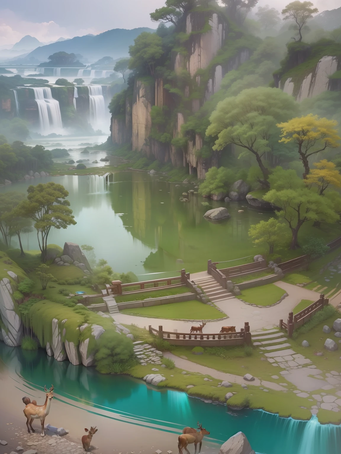 Chinese ancient times, spring, jungle, lake, tree, meadow, rock, deer, hot spring, water vapor, (illustration: 1.0), epic composition, realistic lighting, HD details masterpiece, best quality, (very detailed CG unified 8k wallpaper)
