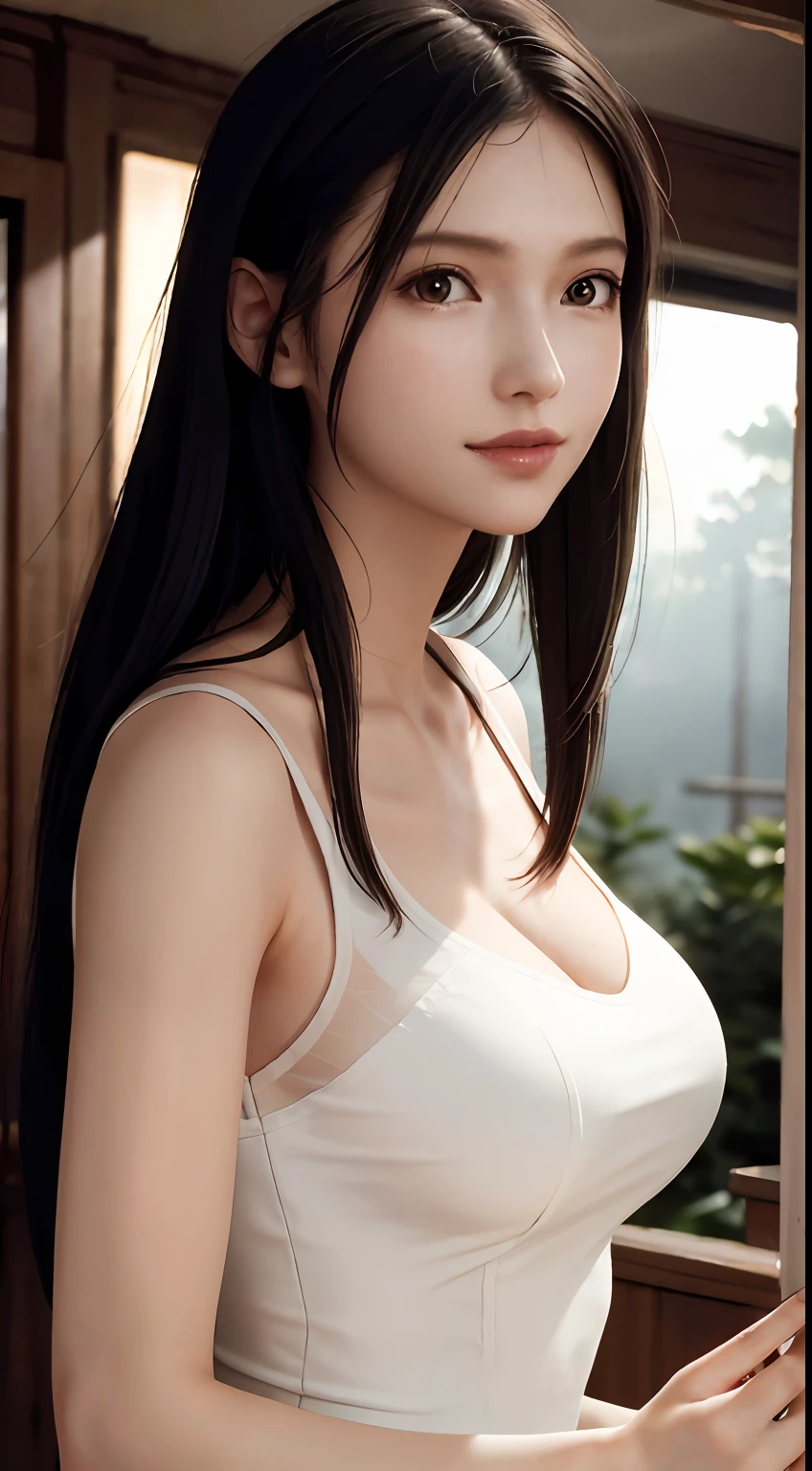 Masterpiece, Best Quality, Film Stills, 1girl, Front, Low-cut Transparent Dress, Big Tits, Close-up, Bright, Happy, Warm Soft Light, (mist: 0.7) No Bra