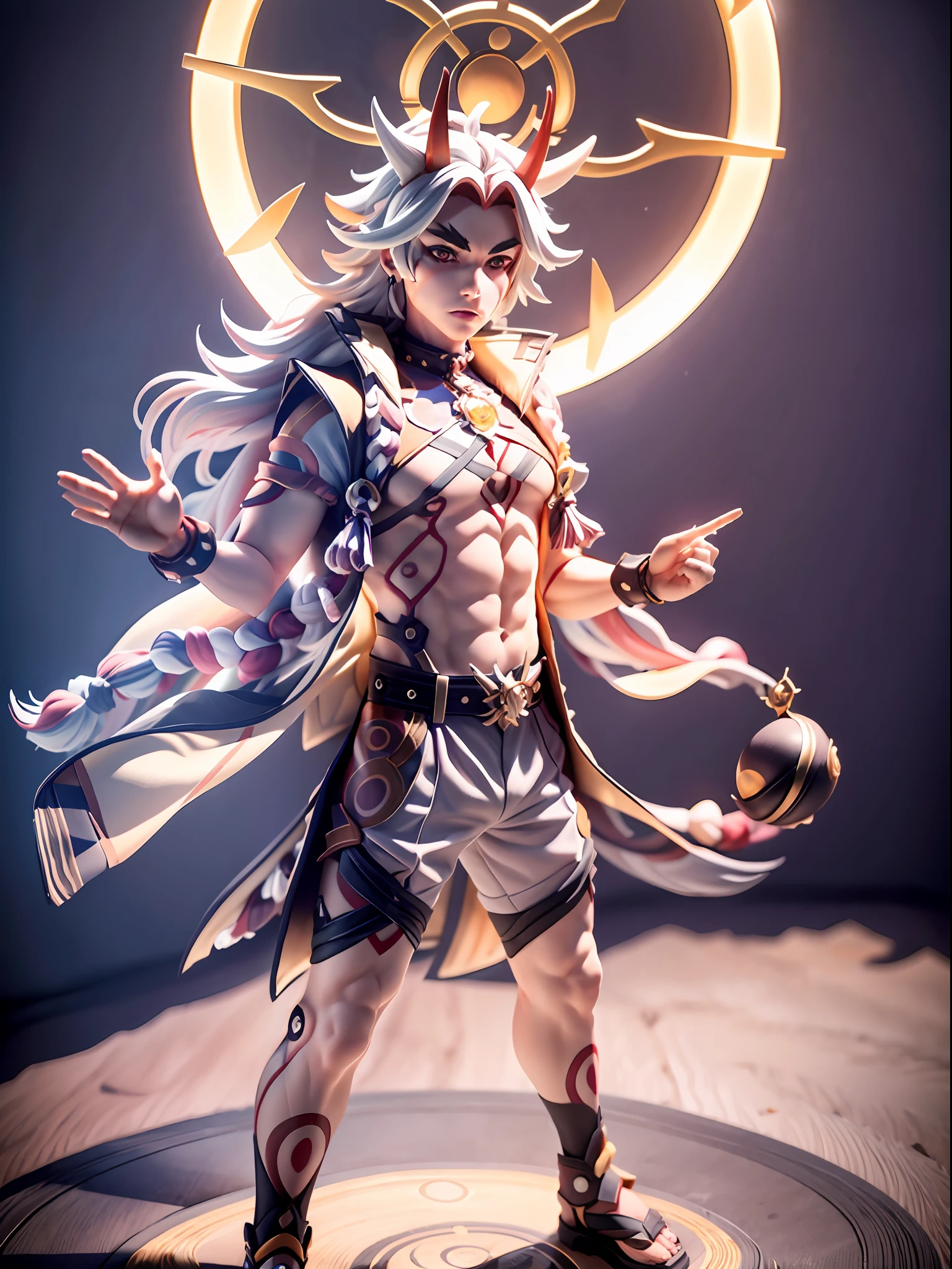 (Blind box toy style:1.2), ((Full body shot:1.4)) ((anatomy correct)),((1boy, solo)),(masterpiece:1.3), head up angle,high quality, (SOLO:1.4), whole body, ((arataki itto,genshin impact)), male focus, black nails, arataki itto, red horns, solo, long white hair, dark clean background,((circular base:1.5))(Global illumination, Ray traching, hdr, unreal render,reasonable design, high detal, Masterpiece, Best quality, hyper HD, Cinematic lighting)