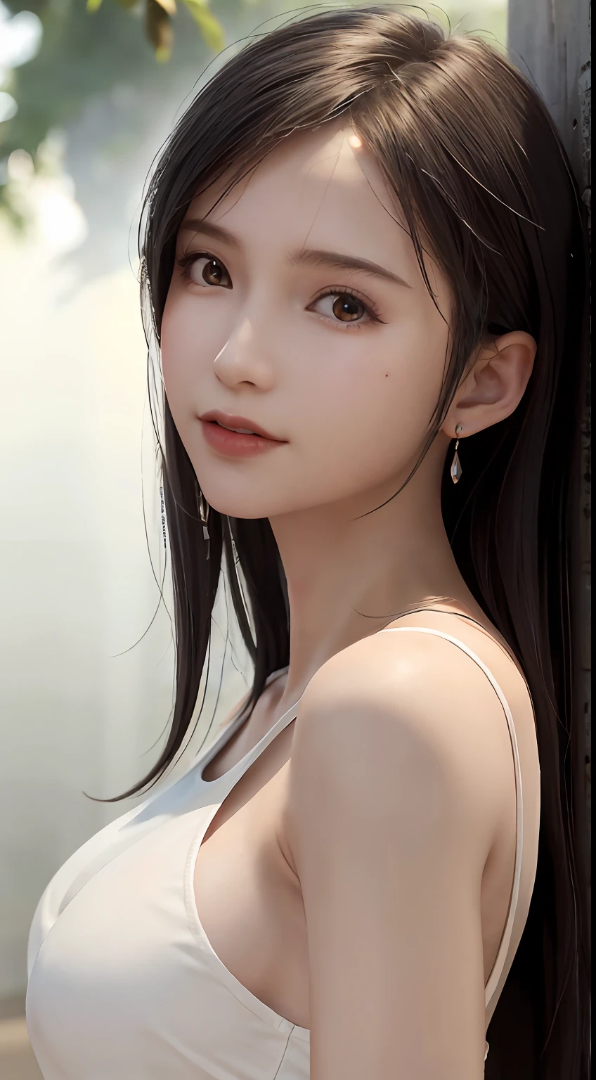 Masterpiece, Best Quality, Film Stills, 1girl, Front, Low-cut Transparent Dress, Big Tits, Close-up, Bright, Happy, Warm Soft Light, (mist: 0.7) No Bra