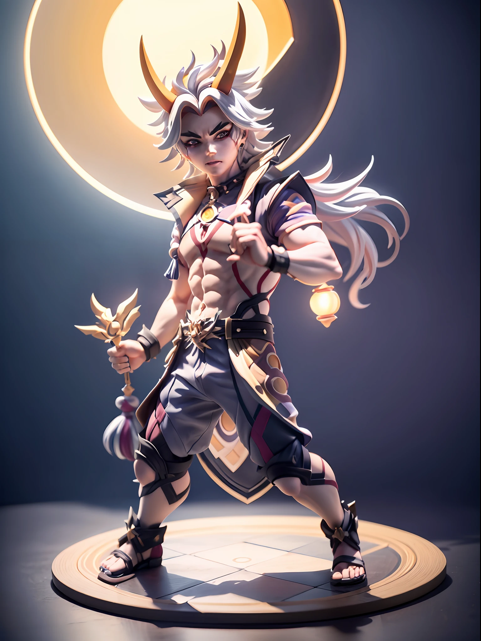 (Blind box toy style:1.2), ((Full body shot:1.4)) ((anatomy correct)),((1boy, solo)),(masterpiece:1.3), head up angle,high quality, (SOLO:1.4), whole body, ((arataki itto,genshin impact)), male focus, black nails, arataki itto, red horns, solo, long white hair, dark clean background,((circular base:1.5))(Global illumination, Ray traching, hdr, unreal render,reasonable design, high detal, Masterpiece, Best quality, hyper HD, Cinematic lighting)