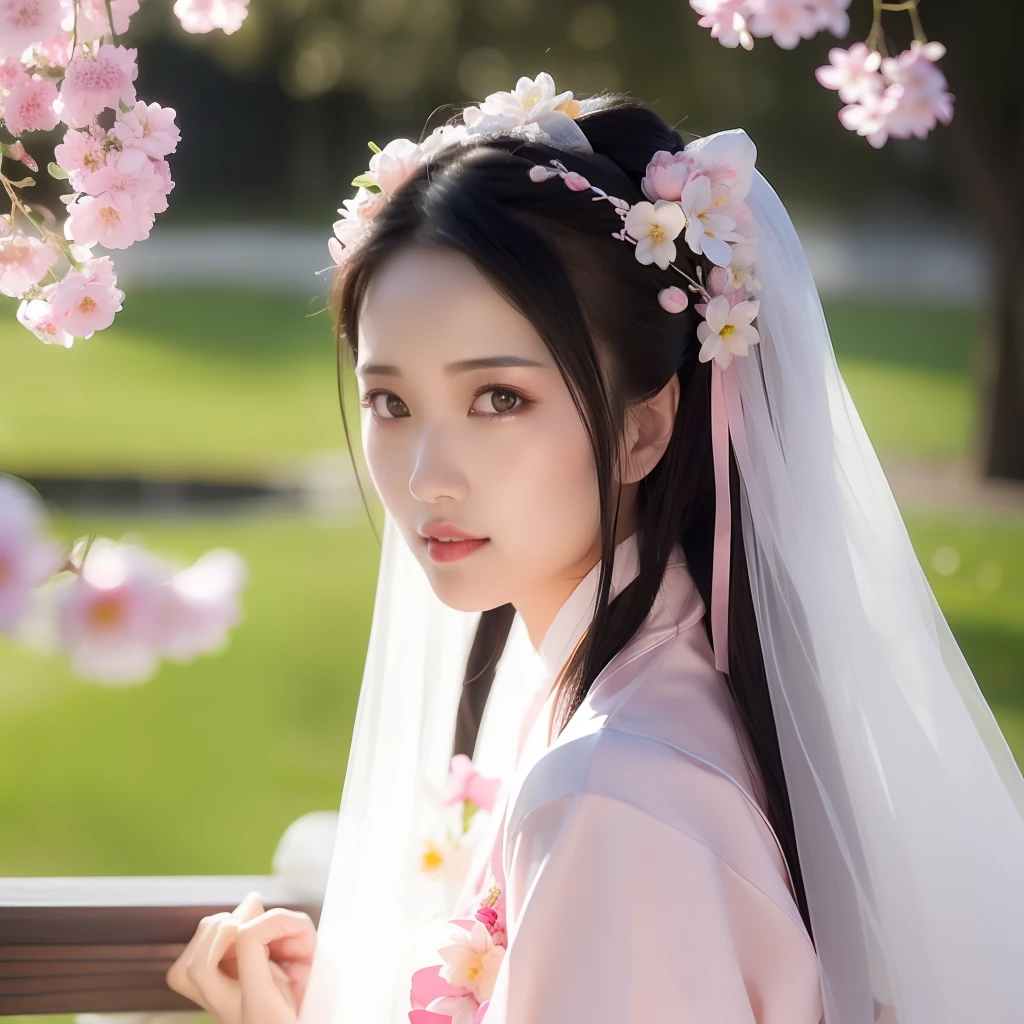 Best quality, 超高分辨率, (Photorealistic:1.8), 1girll, Blue_sky, Blurry, Blurry_Background, Blurry_foreground, branch, the bride_light yarn, Bride, cherry_blossoms, Chinese_clothes, curtain_Grab, Curtains, day, Depth_af_Field, flower, hanami, Hanfu, Lips, Long_Hair, Outdoors, parted_Lips, petals, Pink_flower, Pink_Theme, plum_blossoms, Shawl, Solo, Solo_Focus, Spring_\(season\), tree, The upper part of the body_Body, light yarn, Wedding, Wedding_dress, wisteria