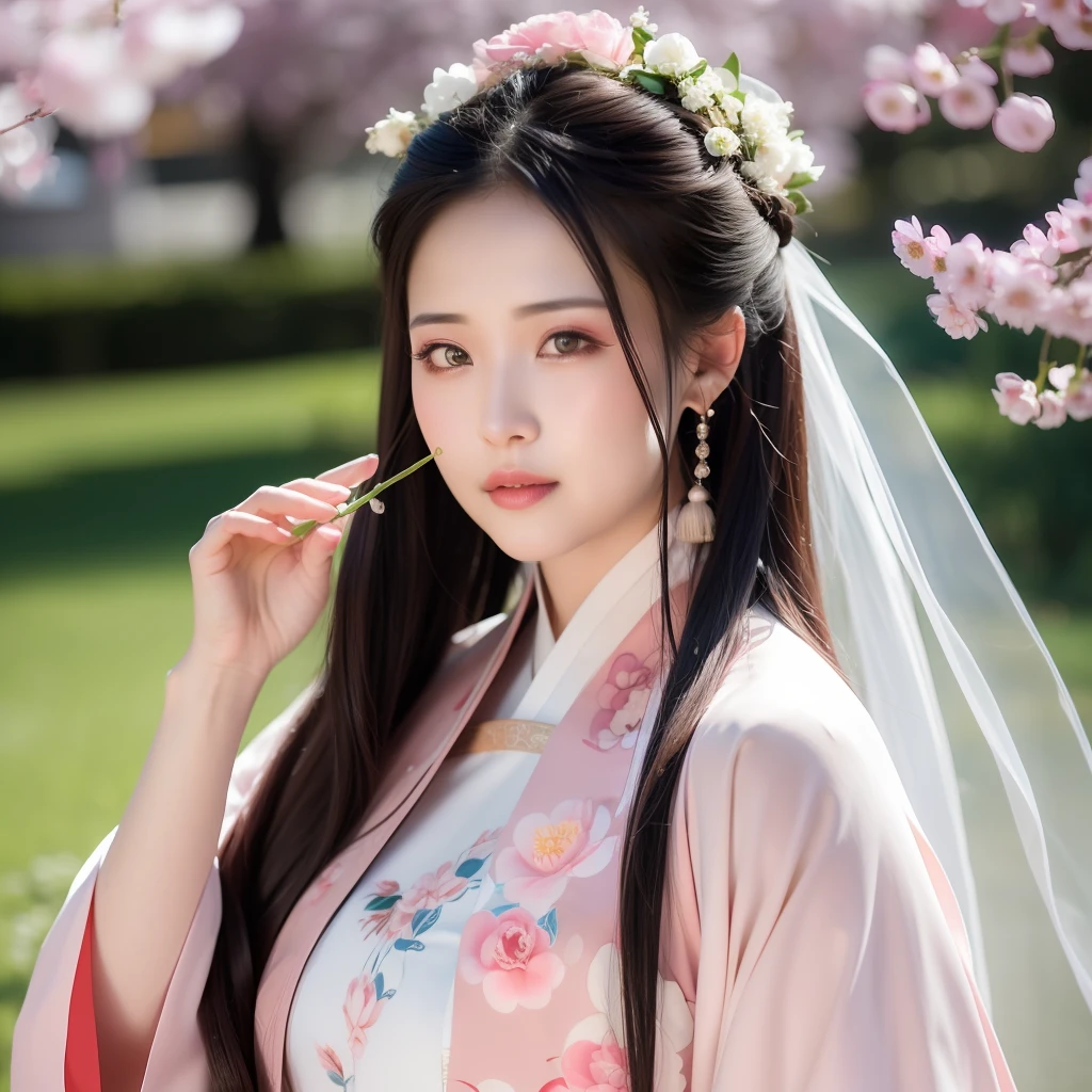 Best quality, 超高分辨率, (Photorealistic:1.8), 1girll, Blue_sky, Blurry, Blurry_Background, Blurry_foreground, branch, the bride_light yarn, Bride, cherry_blossoms, Chinese_clothes, curtain_Grab, Curtains, day, Depth_af_Field, flower, hanami, Hanfu, Lips, Long_Hair, Outdoors, parted_Lips, petals, Pink_flower, Pink_Theme, plum_blossoms, Shawl, Solo, Solo_Focus, Spring_\(season\), tree, The upper part of the body_Body, light yarn, Wedding, Wedding_dress, wisteria