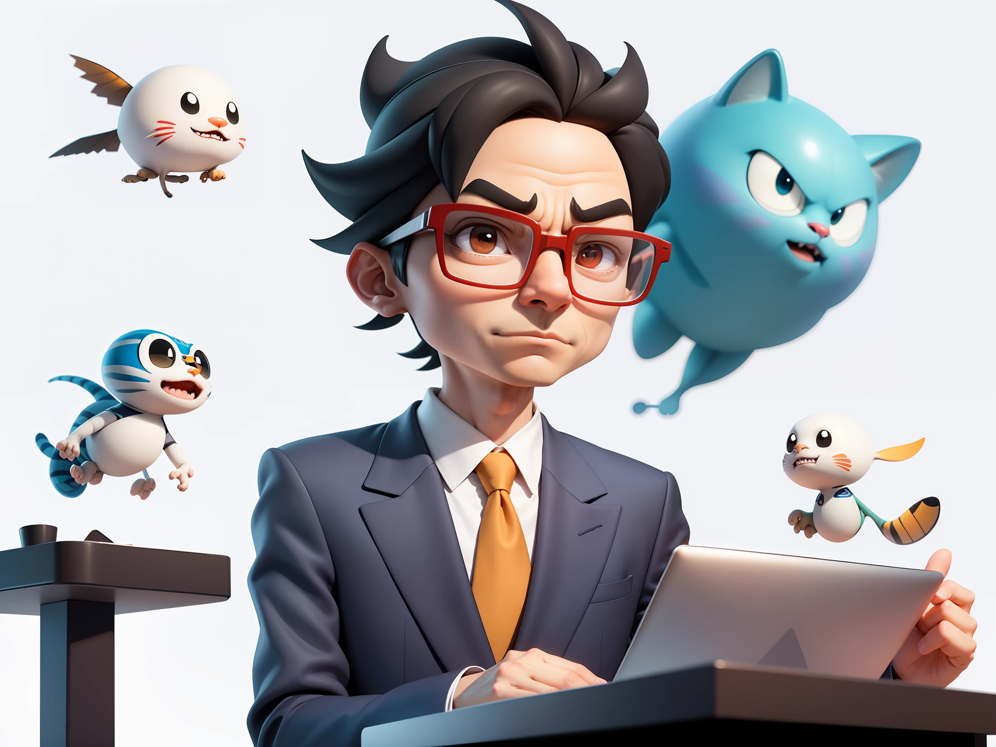 A young man in a suit, Short hair and glasses sat at his desk，holding laptop，digitial painting，tigre，3D character design by Mark Clairen and Pixar and Hayao Miyazaki and Akira Toriyama，4K HD illustration，Very detailed facial features and cartoon-style visuals。