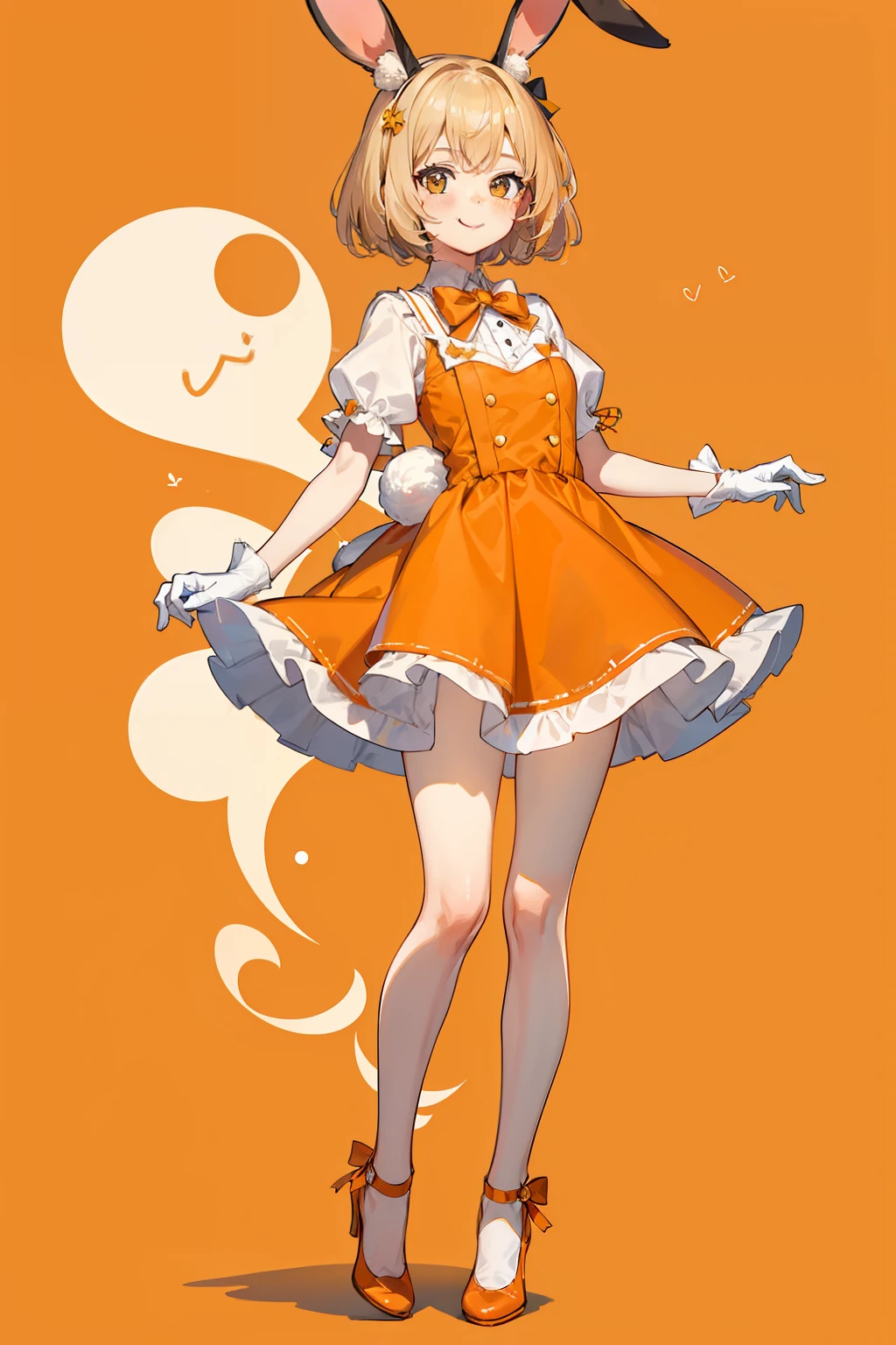 1girl, cream hair, short hair, brown eyes, smile, rabbit ears, orange dress, rabbit tail, blue ribbon, orange shoes, white gloves