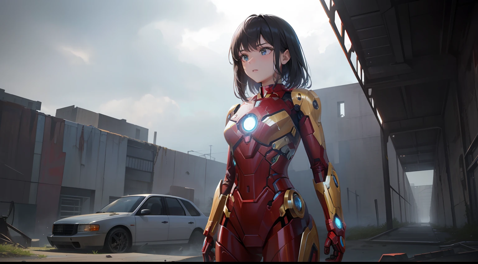 8k, realistic, attractive, highly detailed, a 20 year old girl a sexy and attractive woman inspired by Iron Man wearing a shiny Iron Man mech. She dresses with sexiness and confidence, perfectly interpreting Iron Man&#39;s strength and charisma. The abandoned warehouse serves as a backdrop, creating a unique atmosphere that highlights her bravery and perseverance. The cloudy sky adds a sense of tension and mystery to the whole scene. This high-definition, high-quality picture will bring you a shocking visual experience. The detailed abandoned warehouse and shiny mechs will keep your eyes on you. oc rendering, dramatic lighting, award winning quality