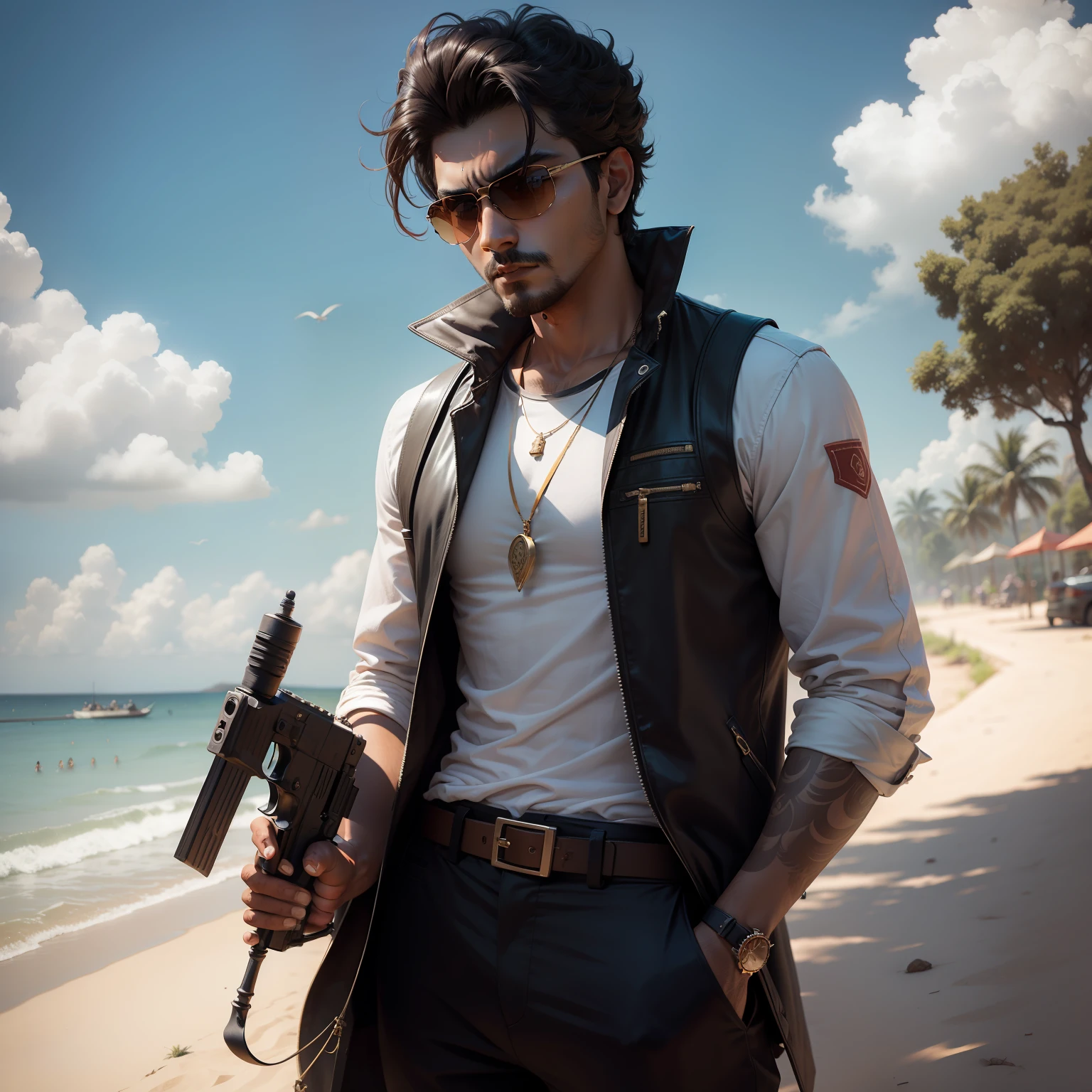 A.RajKamal, gun,sunglasses