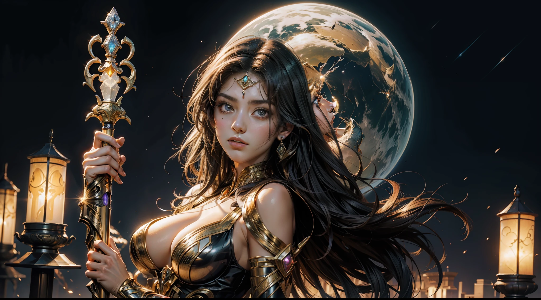 tmasterpiece,top-quality,best qualityer,offcial art,Beauty and aesthetics:1.2),(tmasterpiece:1.3), (8K, realisticlying, RAW photos, best qualtiy: 1.4), beauitful face, (photorealiscic face),超高分辨率, Ultra photo realsisim, highly detailed, the golden ratio, (Award-winning digital artwork:1.3) af (sketching:1.3),(with dynamism:1.3),(Saturation:1.3),(Close portrait:1.3),illusory engine, (High detail: 1.9),(femele:1.4),(big breasts beautiful: 1.4),(carismatic:1.3),Huge ruins,speleothems,the night,magnificent robe,half-body shots,Large breasts,(Close portrait:1.3),illusory engine, (High detail: 1.9),volumettic light,(((Glowing scepter)))