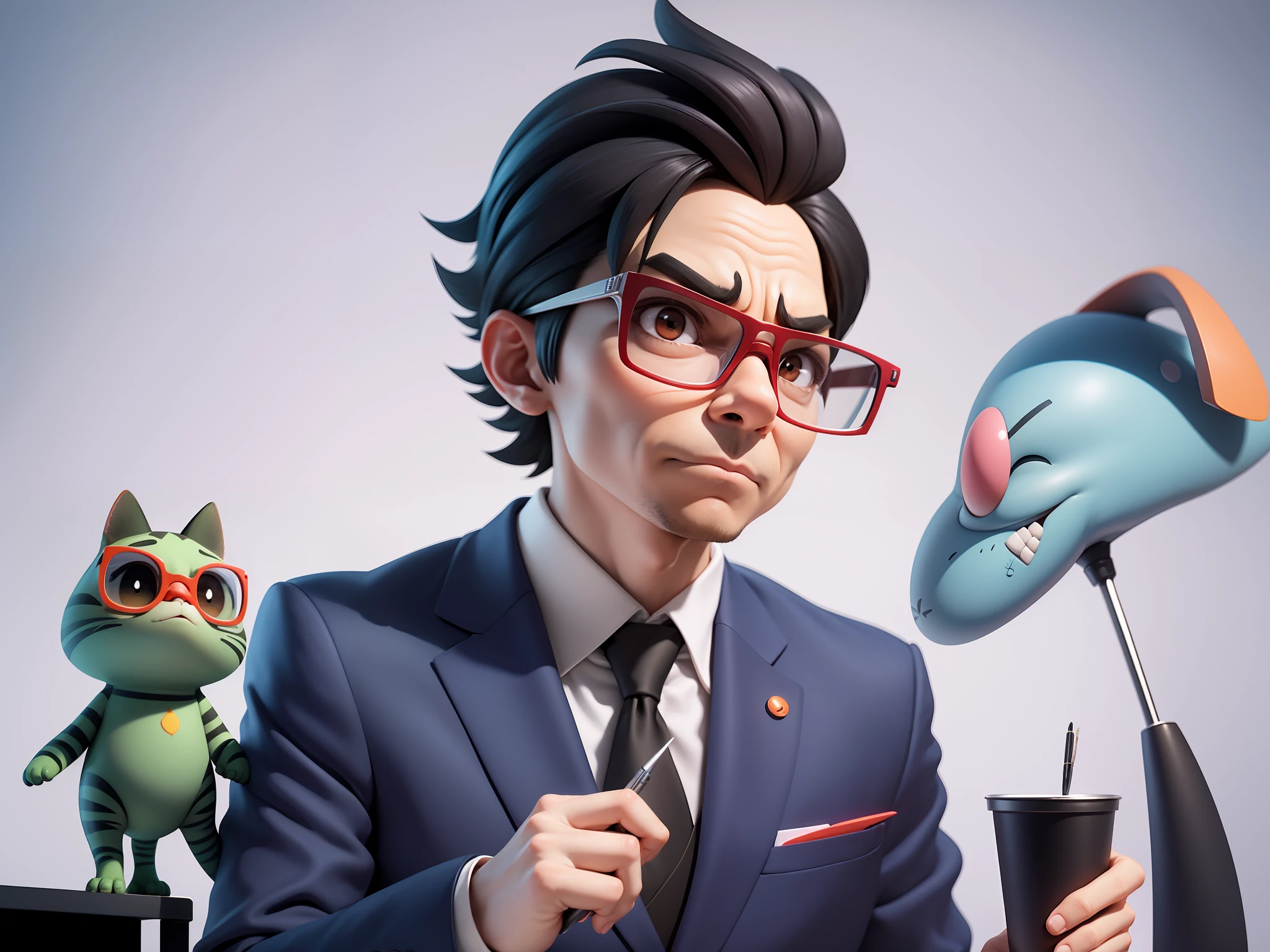 A young man in a suit, Short hair and glasses sat at his desk，holding laptop，digitial painting，tigre，3D character design by Mark Clairen and Pixar and Hayao Miyazaki and Akira Toriyama，4K HD illustration，Very detailed facial features and cartoon-style visuals。