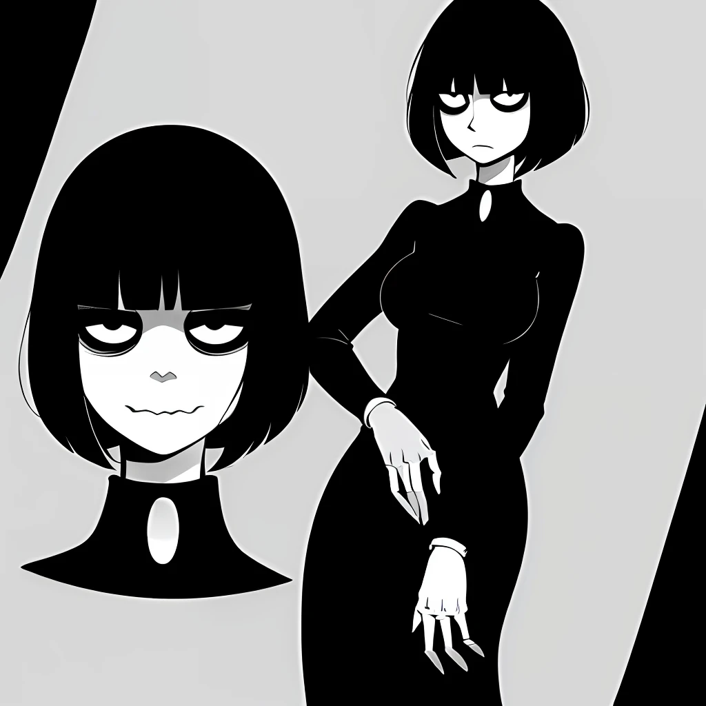 Susie, short hair, bags under eyes, right eye half closed  grey skin, wavy mouth,  black eyeliner, standing, 
SuDr, long  black dress with white collar,long sleeves, gloves,
(insanely detailed, beautiful detailed face, masterpiece, best quality)