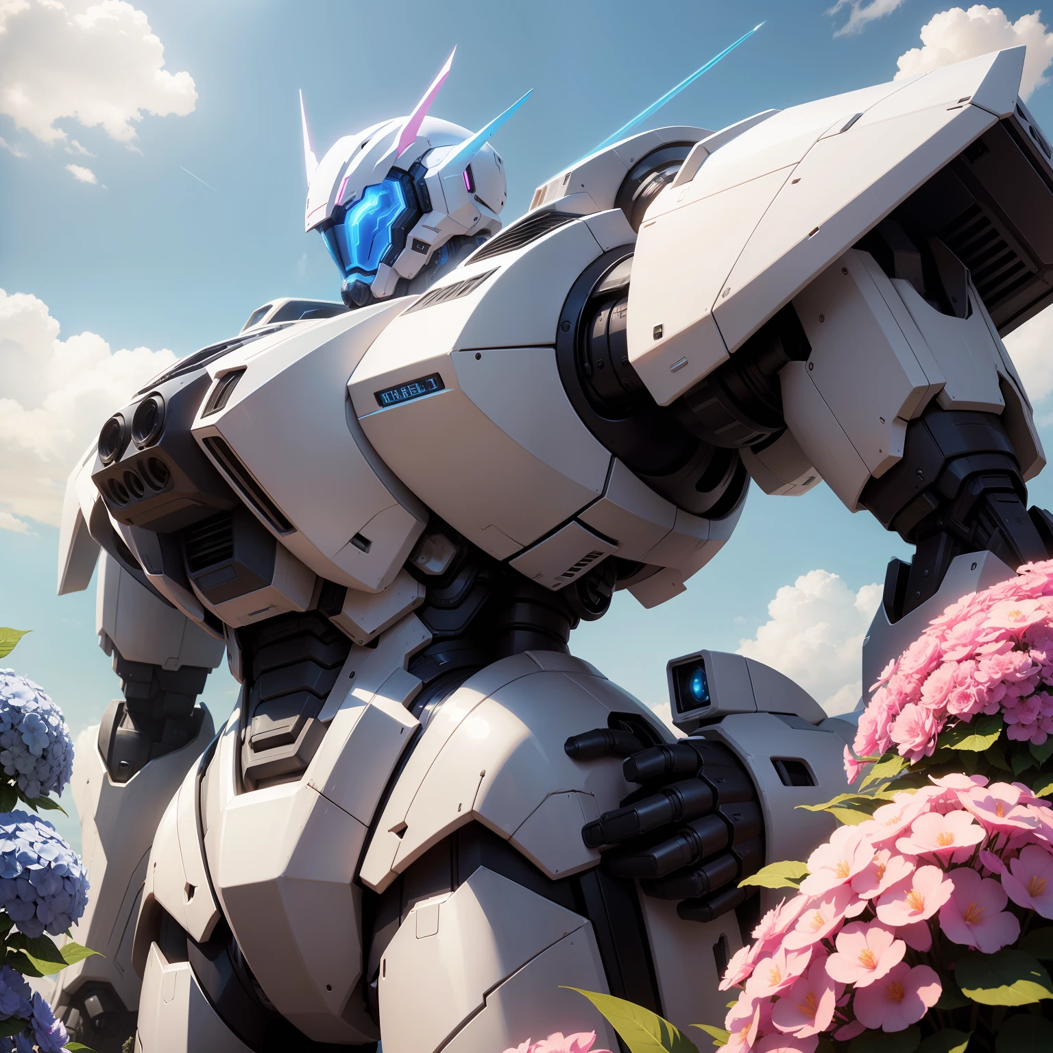 Beautiful pink flowers in the background,Blue hydrangeas,Many plants,Blue blue sky,a close up of a robot with a gun in its hand,Alexander Ferra White Mech,Highly detailed digital art in 4K,white color mecha,Cool mech style,mecha art,Alexander Ferra Mecha,cgartists,ferra white mecha,modern mecha anime,best anime 4k Konachang wallpapers,High quality digital concept art。