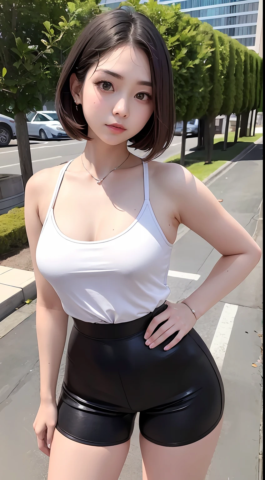 A woman(独奏),with brown eye,with short white hair,The face of an 18 year old girl,Naughty sneer,Curved body,(Complicated details),short blouse(Adidas:2.0),décolleté,shorter pants,(little breast:1.0),(big assa:2.0),(Wide hip circumference:1.2),self-shot,Strike a defiant pose,(Backyard background)。