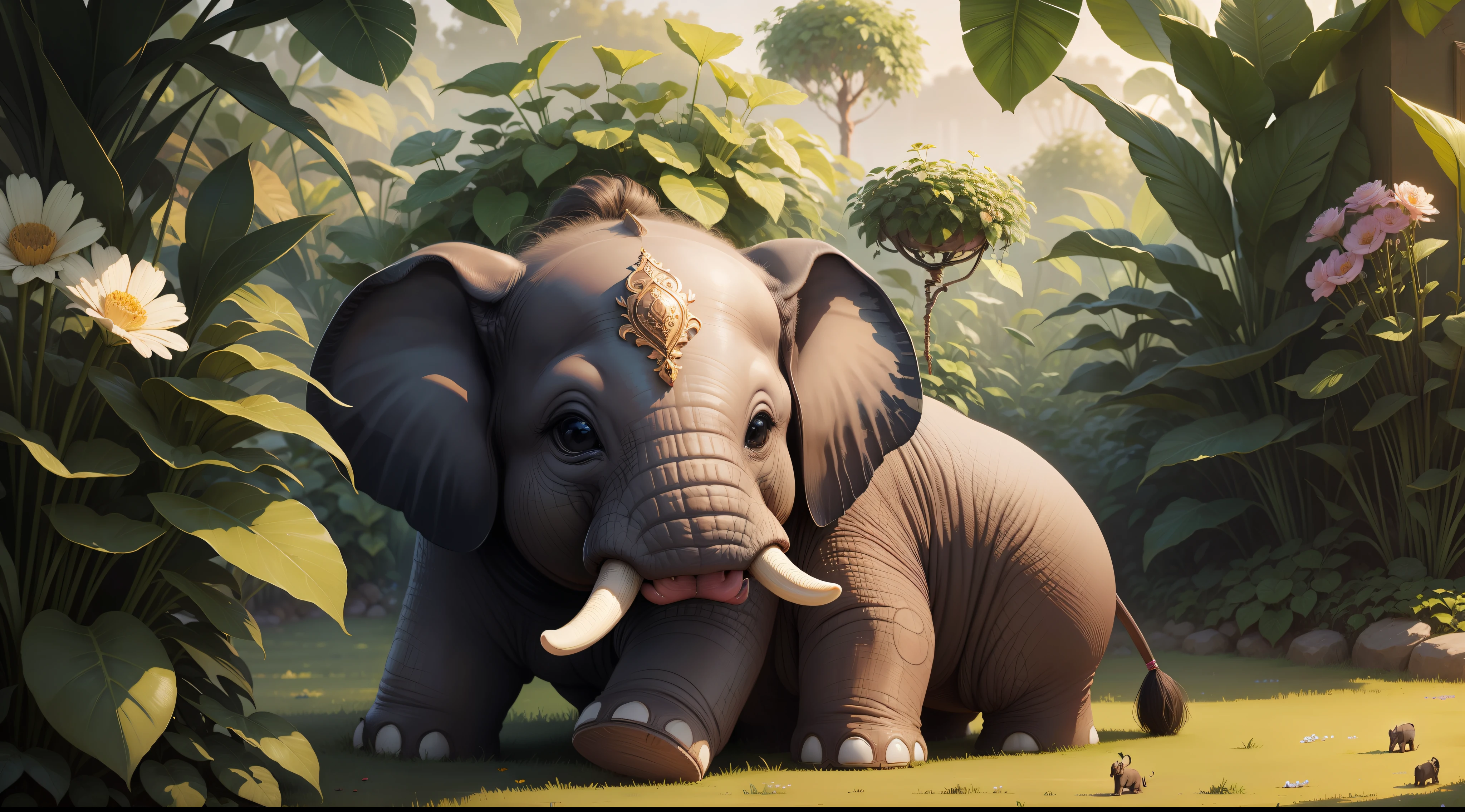 High quality, masterpiece, 1 baby elephant, highly define, beautiful eyes, beautiful face, highly detailed flower garden background, curiously watching, realistic