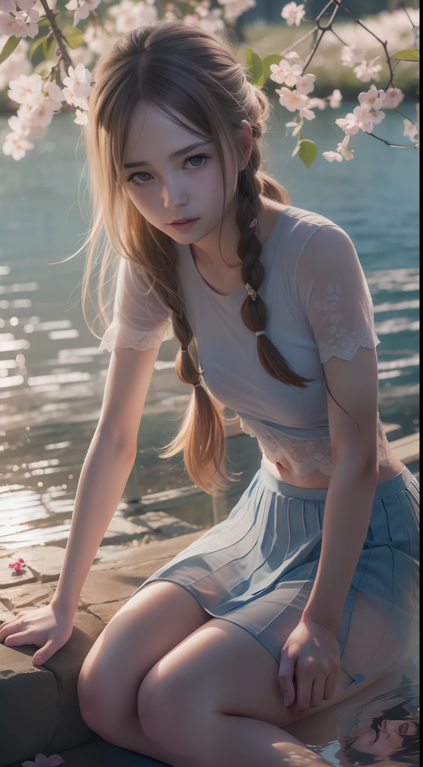 Beautiful young Margaret Quilley, 《last of us》, gaming console, Glasses, Sheer lace top, No bra, Hard , Blue pleated skirt, No panties, Dark tights, Hyperrealistic, 14 years old, Model body, Small breasts, Beautiful breasts, Long hair, Braided hair, Blonde hair, Long legs, 8K, In front of the lake, cherry blossom, Sunlight, LED lighting, Blood on the wall, pool of blood, Full of human remains, Detailed reflection, Anime style