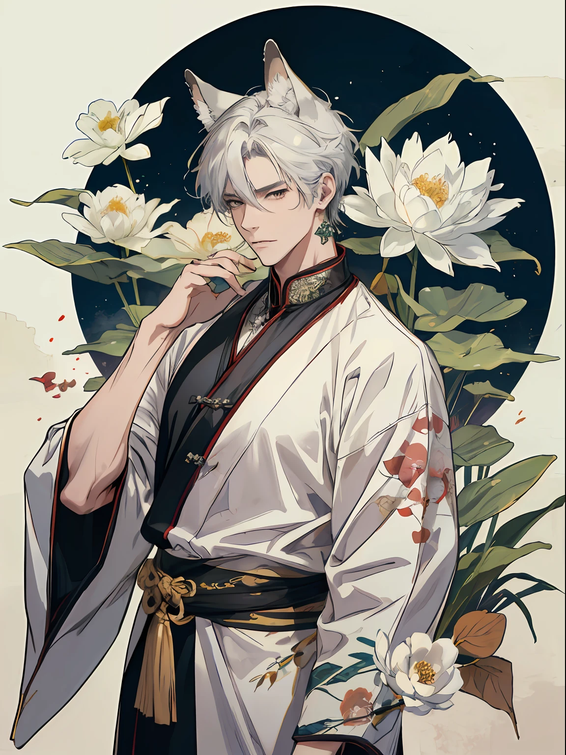 ((4K、masterpiece、top-quality))、Beautiful fox ears gray haired man、Strong man with black hair with wolf ears、ink and watercolor painting、Traditional Chinese Ink Painting、lotuses、Hanfu、Maxi Kit、Dress conservatively、 white hair, Animal ears, bule, florals, Lots of flowers nearby, coyote、shenron、extra detailed face、
