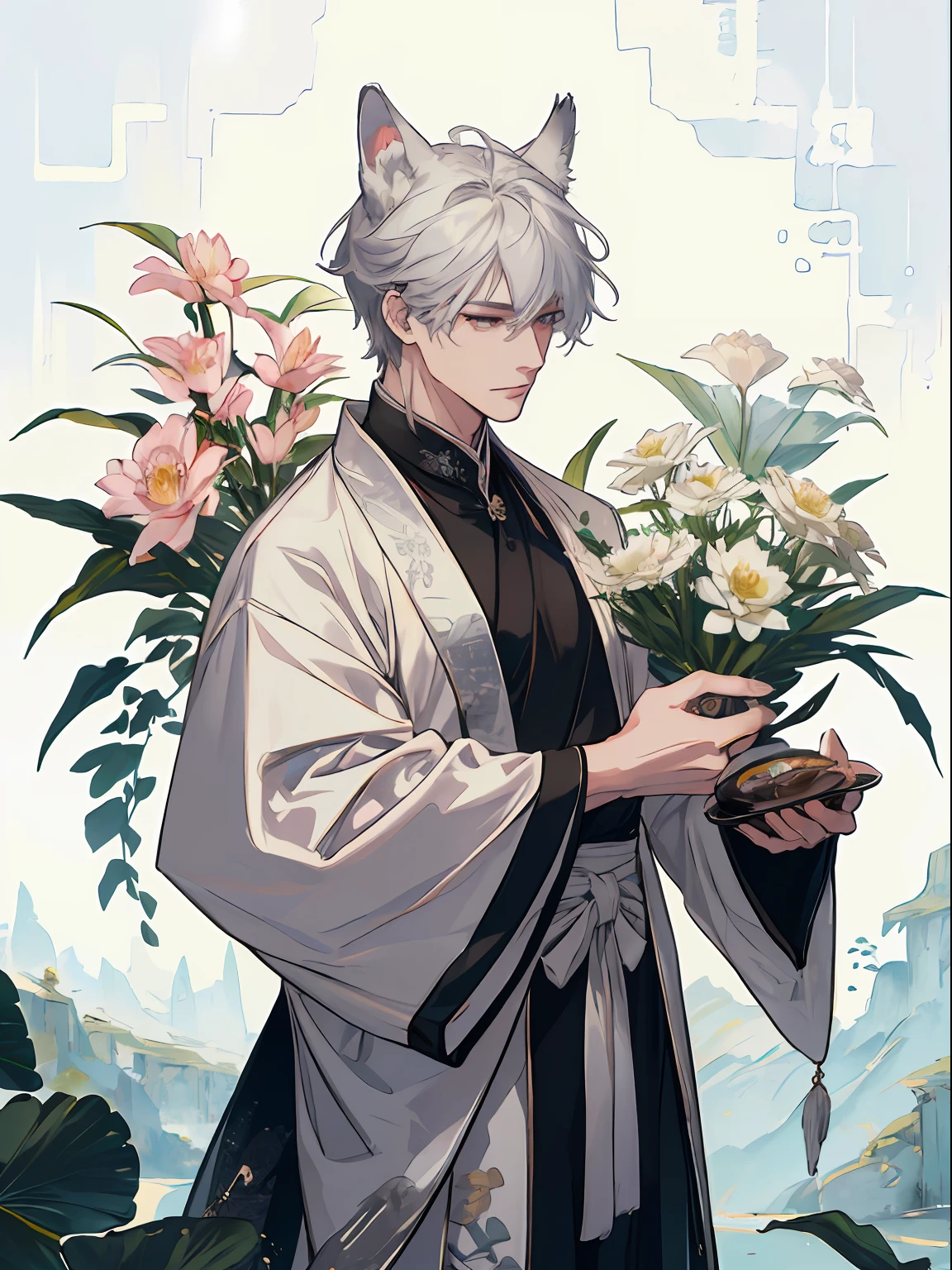 ((4K、​masterpiece、top-quality))、Beautiful fox ears gray haired man、Strong man with black hair with wolf ears、ink and watercolor painting、Traditional Chinese Ink Painting、lotuses、Hanfu、Maxi Kit、Dress conservatively、 white  hair, Animal ears, bule, florals, Lots of flowers nearby, coyote、shenron、extra detailed face、