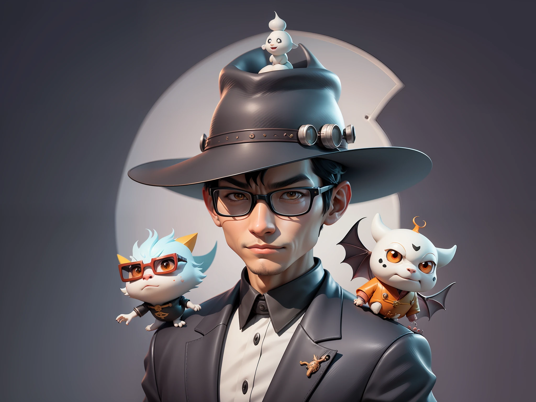 Young man with oriental face in leather hat, dragon, formal suit, short black hair, silver glasses, digital painting, 3D character design by Mark Clairedon and Pixar and Hayao Miyazaki and Akira Toriyama, the illustration is a high-definition illustration in 4K resolution with very detailed facial features and cartoon-style visuals.