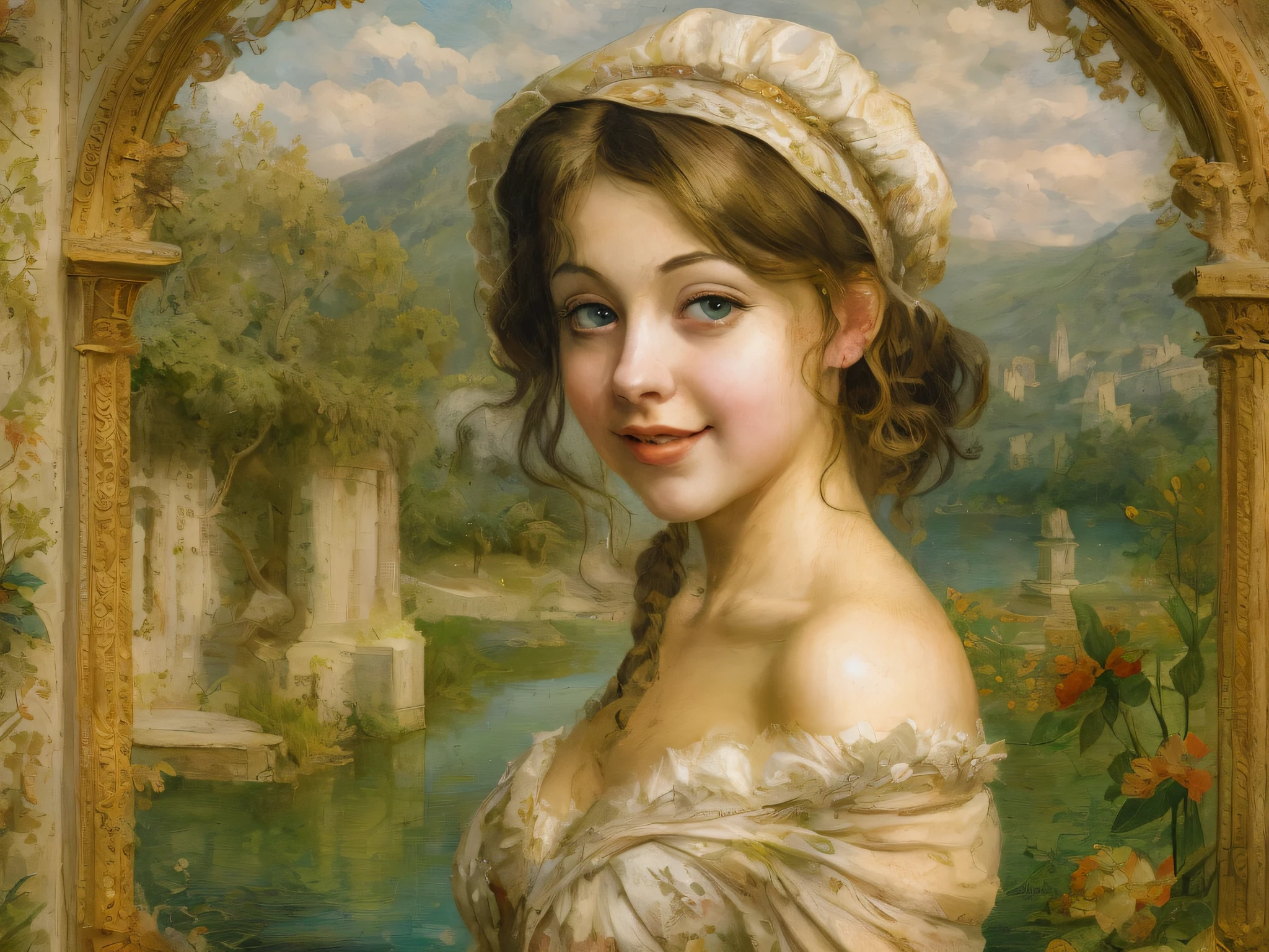 [beste-Qualit, tmasterpiece, extra high resolution, photo-realistic, in the style of pin-up, 1girl, off-shoulder, ssmile:20]Background, intricate Renaissance landscape, higly detailed, impressionism:0.2